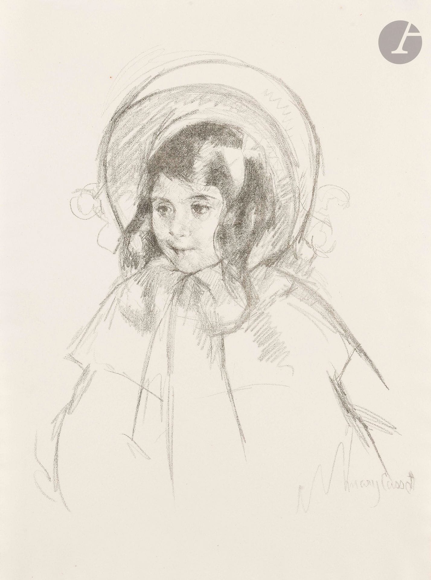 Mary Cassatt (américaine, 1844-1926)
Sara Wearing her Bonnet and Coat. Vers 1904. Lithographie. [475x630mm]. Breeskin 198; Mathews-Shapirop. 81. Très belle épreuve sur vergé mince filigrané «mbm». Quelques points de rouille (inhérents au papier), dont un à gauche de la capeline. Léger friselis normal aux bords du feuillet. Toutes marges non ébarbées. 

Seule lithographie réalisée par l’artiste.
