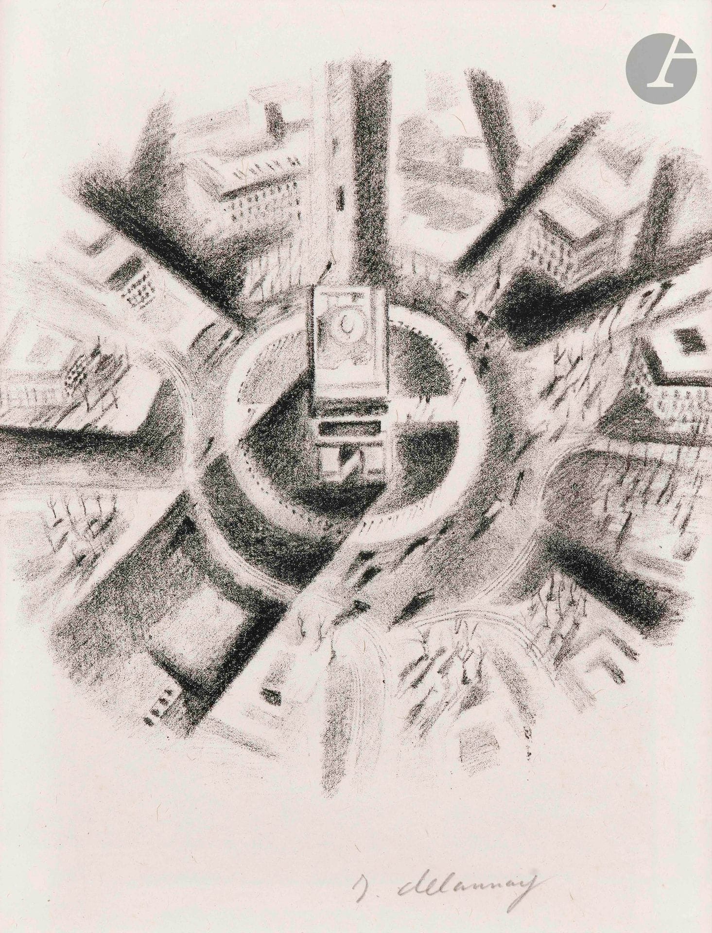 Robert Delaunay (1885-1941)
La Place de l'Étoile (Pl. for the album Allô! Paris! Text by J. Delteil, Paris, ed. des Quatre Chemins, 1926). Lithograph. Sight: 200x265mm. Fine proof on chine volant, signed in pencil, matted with adhesive (slightly affecting the perimeter of the sheet). Margins. Edition of the book at 300 copies.