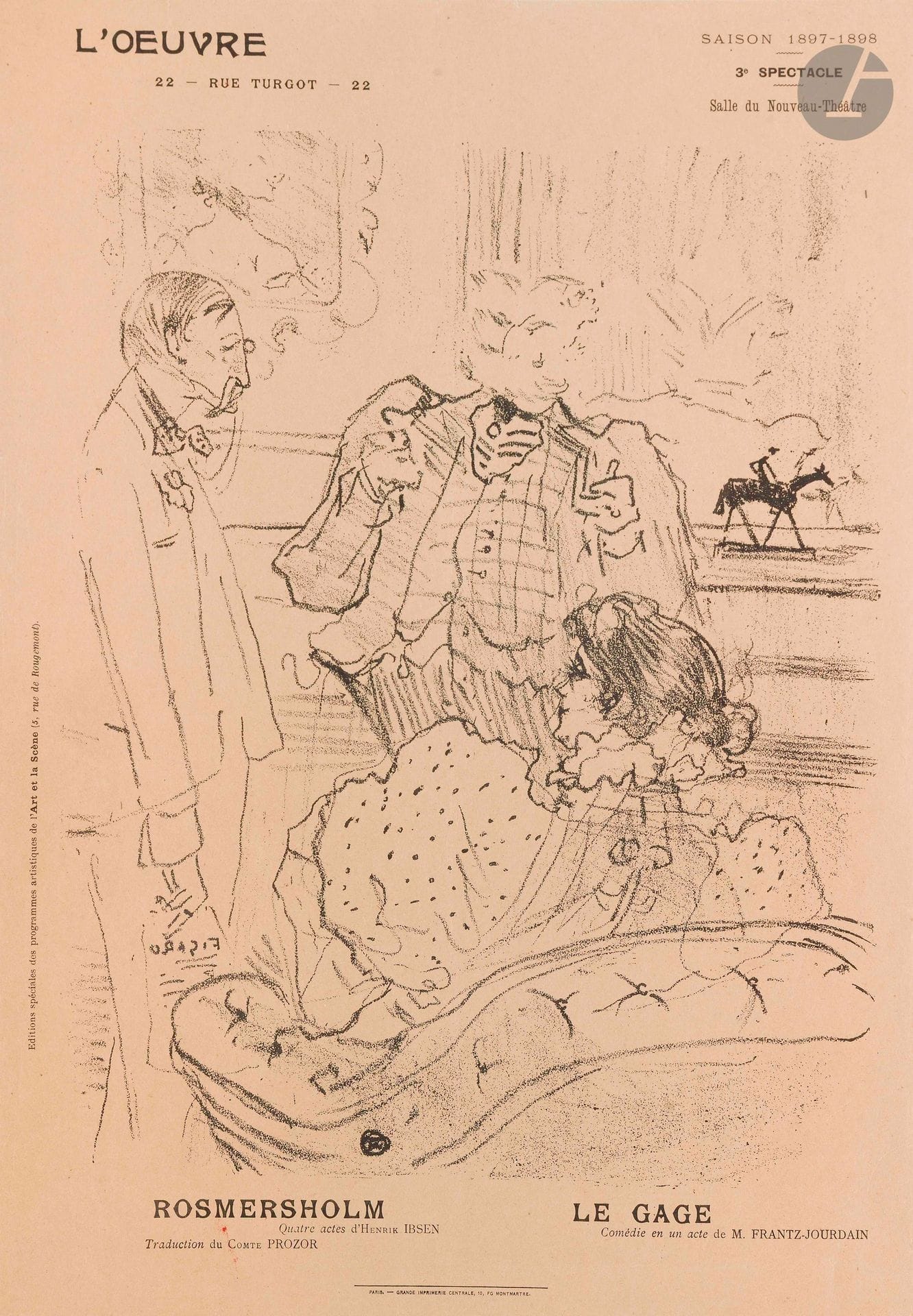 Henri de Toulouse-Lautrec (1864-1901)
Rosmersholm; Le Gage. (Programme pour le Théâtre de l’œuvre, saison 1897-1898). 1897. Lithographie. [275x375mm]. Delteil 212; Wittrock 237; Aitken 96. Belle épreuve sur vélin glacé ivoire, doublée sur japon. Petite giclure rouge sous le mot «Rosmersholm».