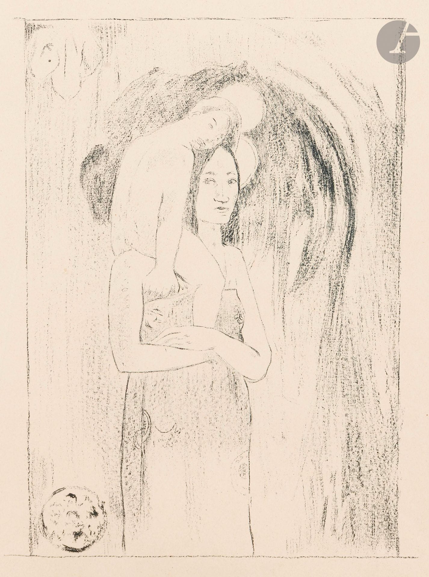 Paul Gauguin (1848-1903)
Ia Orana Maria. 1894-95. Zinc print. 257x180mm. Printed in gray-blue. Guérin 51; Mongan, Kornfeld et Joachim 27; A. et A. Bonafous-Murat 225. Very fine and fresh proof on ivory glazed vellum. Full margins. Edition of 225 proofs for L'Épreuve, Album d'art. Framed (not examined out of frame). 

Provenance: 
Former Joan Pié collection (1890-1977).