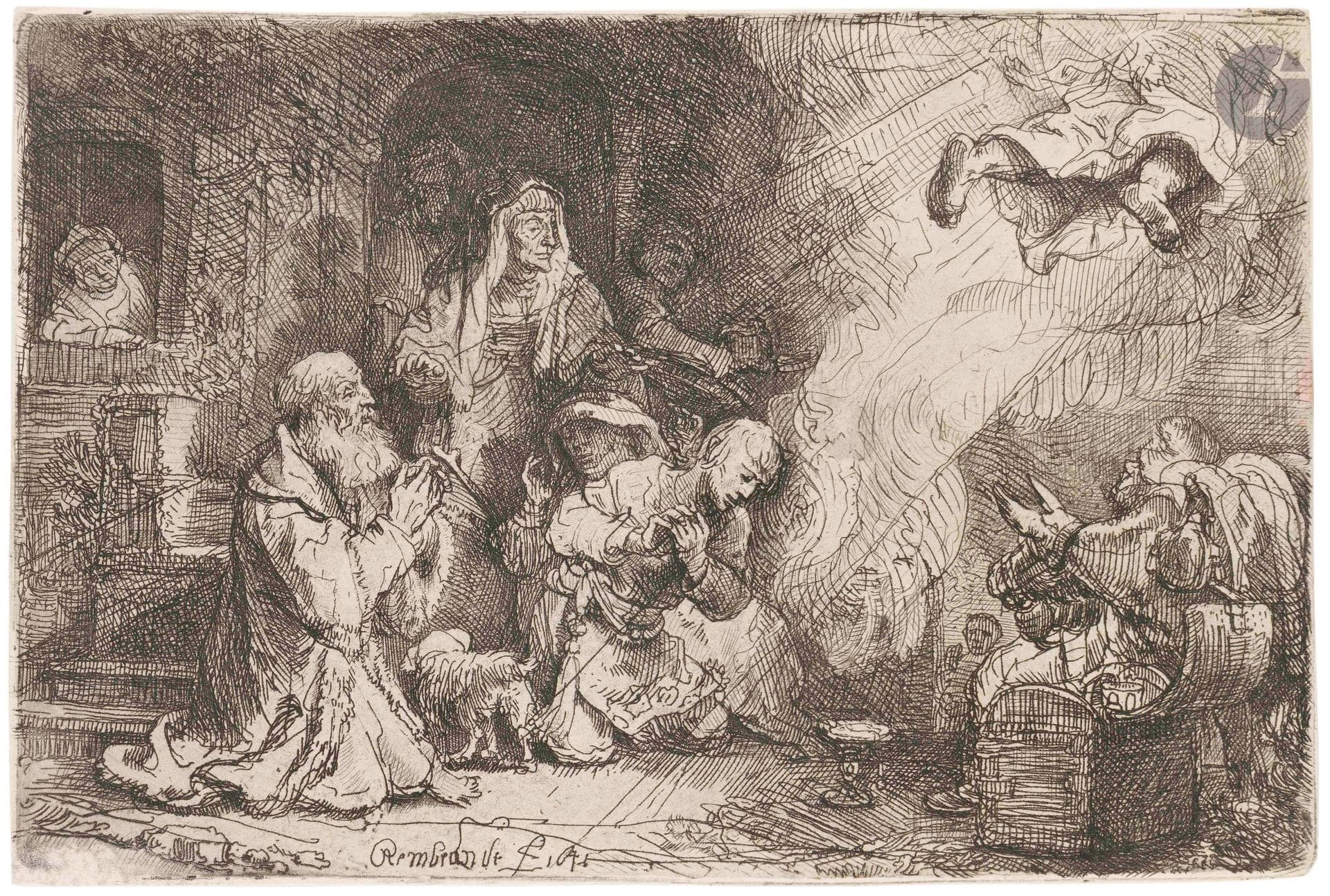 Rembrandt Harmensz. van Rijn (1606-1669)
L’Ange qui disparaît devant la famille de Tobie. 1641. Eau-forte et pointe sèche. 152x103mm. Bartsch 43; New Hollstein189. Très belle épreuve sur vergé mécanique, d’un tirage effectué par Basan (début XIXe), rognée au sujet. Petits arrachements en surface dans l’angle inférieur gauche.