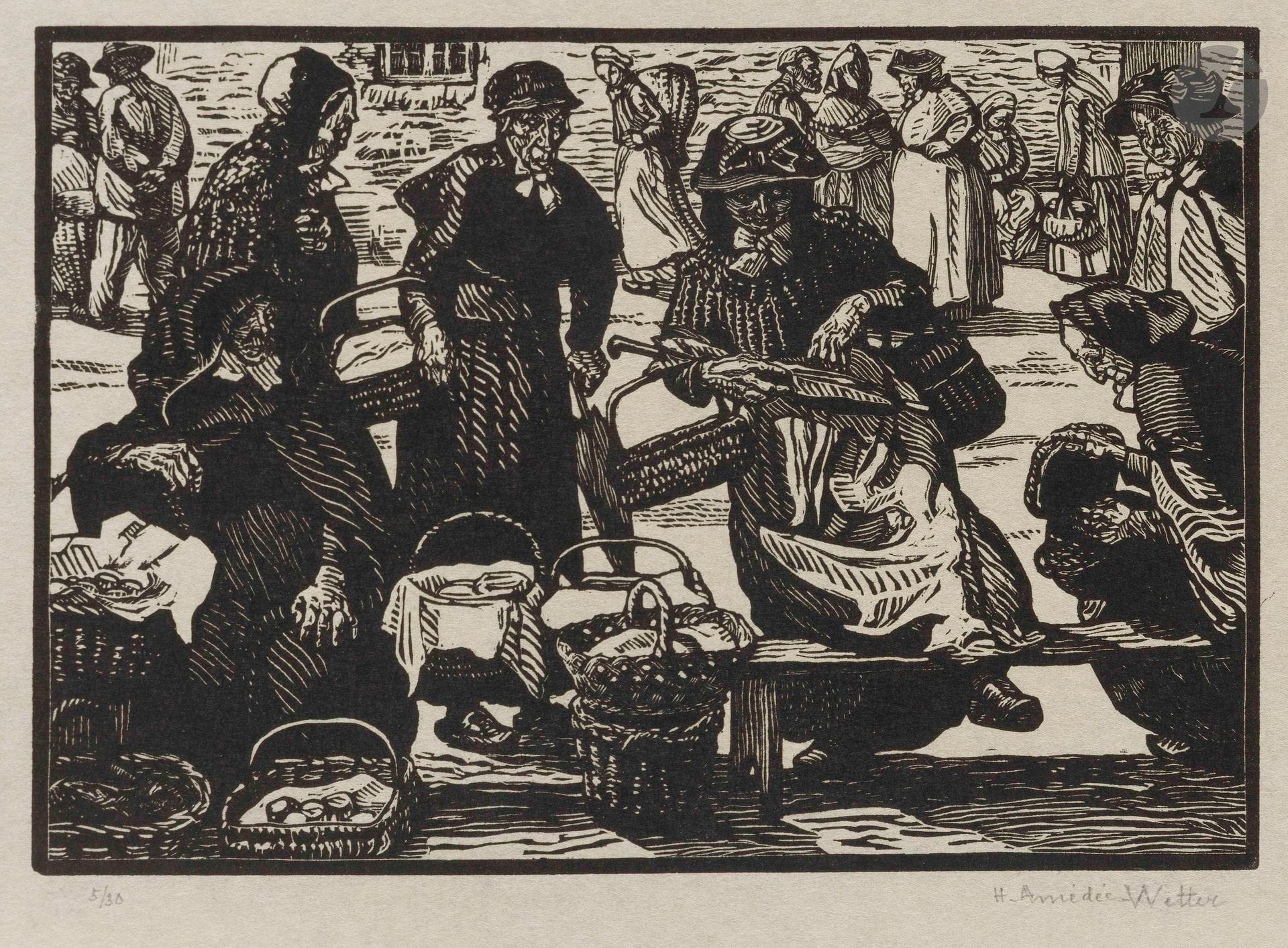 Henri Amédée-Wetter (Hippolyte Henri Amédée, dit) (1869-1929)
Scènes de marché. Vers 1910. Bois gravé. Formats divers. Belles épreuves sur japon mince, 3 numérotées et signées au crayon. Traces de plis et auréoles d’humidité marginales occasionnelles. Toutes marges. Tirage à 30 épreuves. Ens. 6 p.
