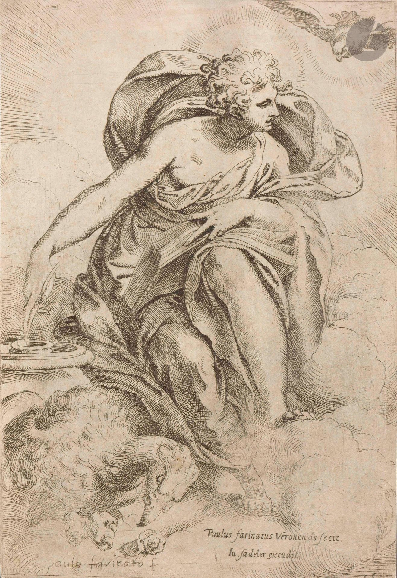 Paolo Farinati (1524-1606)
Saint Jean l’Évangéliste. 1567. Eau-forte. 187x275mm. Bartsch 3; Pinacothèque de Bologne 203. Très belle épreuve sur vergé, rognée au trait carré, la date en bas à droite légèrement entamée.