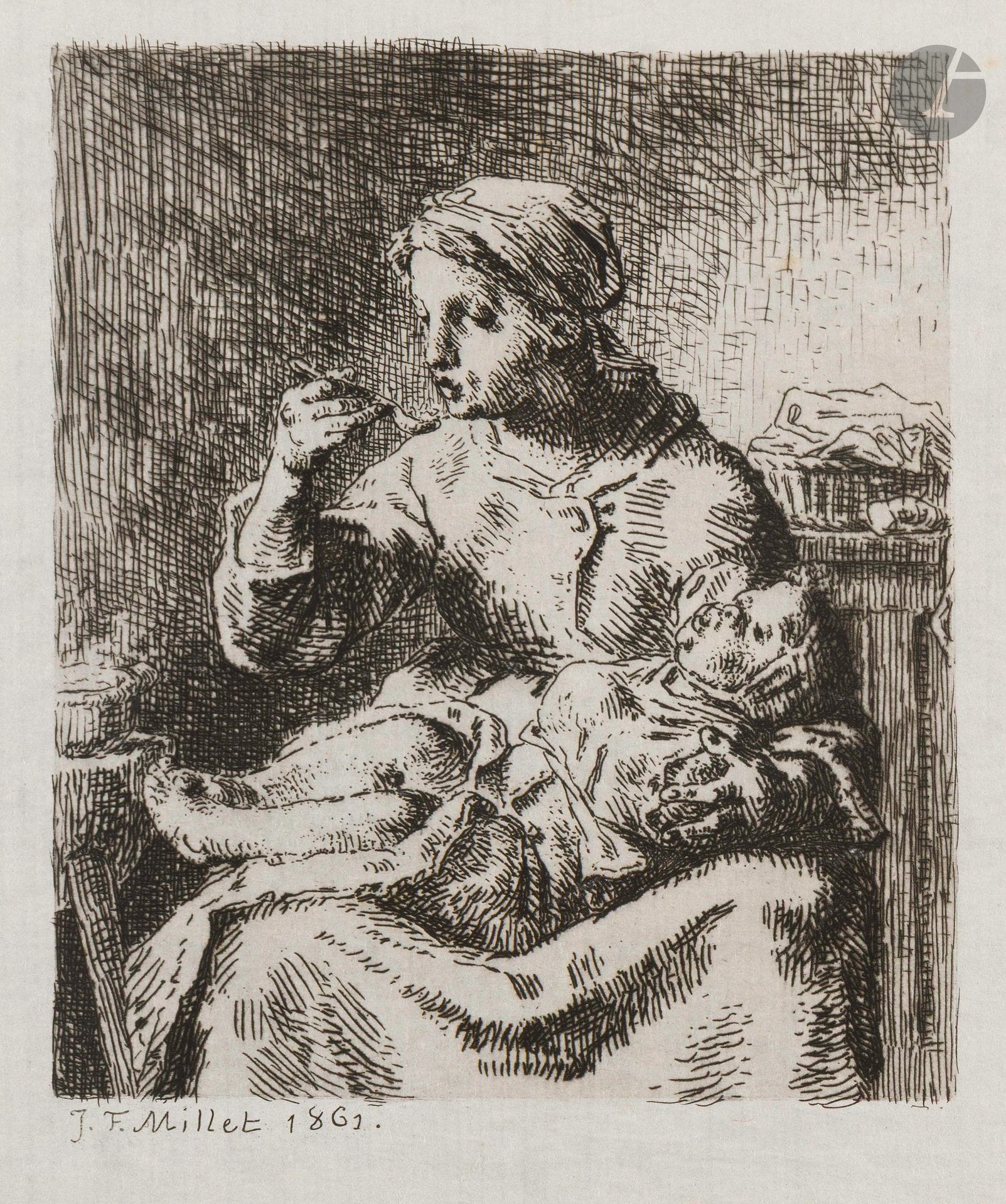 Jean-François Millet (1814-1875)
La Bouillie. 1861. Etching. 160x210mm. Delteil 17. Very fine proof on thin laid japan, from the 3rd state (of 5), before the Gazette des beaux-arts letter. Semis of very light freckles. Wide margins.