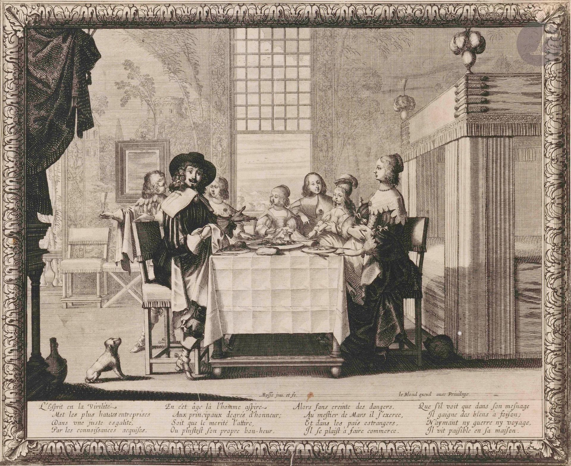 Abraham Bosse (1602 ou 1604-1676)
La Virilité, ou L’Âge d’homme. (Pl. de la suite Les Quatre âges de l’homme). 1636. Eau-forte et burin. 325x255mm. Duplessis 1080; Lothe302. Très belle épreuve sur vergé mince, les traits de mise en place de la lettre encore très visibles, rognée à l’extérieur de la bordure gravée, soigneusement lavée. Petit trou de ver à droite dans le bas de la tenture. Courte déchirure au centre en pied. Petite tache brune au-dessus de la tablette au centre. Au verso, à la plume et à l’encre sépia (légèrement affaibli), paraphe deNaudet, marchand au Louvre, à la date de 1798 (Lugt 1937).