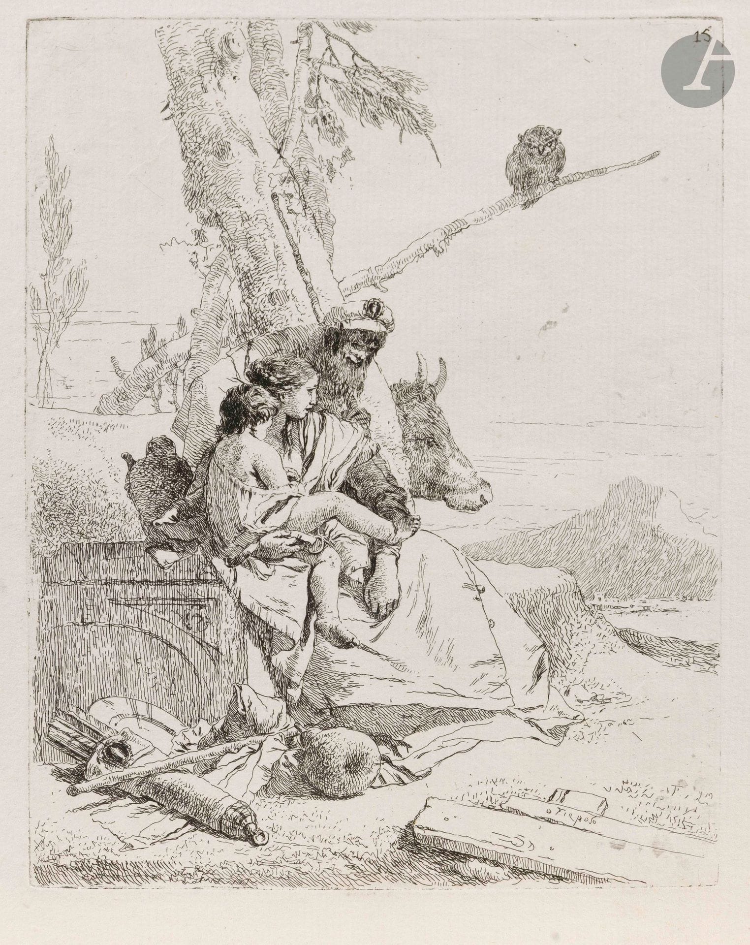 Giovanni Battista Tiepolo (1696-1770)
La Famille du paysan oriental. (Pl. des Scherzi). Vers 1735-1740. Eau-forte. 174x225mm. De Vesme27; Rizzi 18. Très belle épreuve sur vergé, avec le numéro 15 en haut à droite, soigneusement lavée. Belles marges.