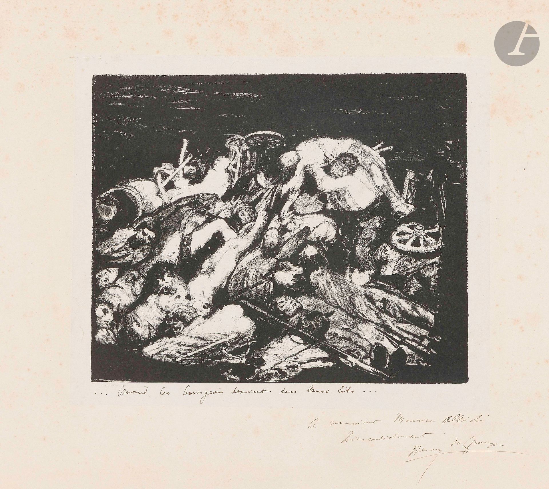 Henry de Groux (1866-1930)
… Quand les bourgeois dorment dans leurs lits… (Sujet inspiré de Léon Bloy, Sueur de sang). 1893. Lithographie. 205x170mm. Cat. La Plume 50. Belle épreuve sur chine appliqué, titrée sous le sujet à la plume et à l’encre, puis dédicacée «A Monsieur Allioli / Bien cordialement» et signée. Rousseurs éparses. Courts plis et légère oxydation aux bords du feuillet. Toutes marges. 

M. Alioli était un collectionneur d’œuvres de l’artiste. Il possédait notamment une toile intitulée Fête galante (L’œuvre de Henry de Groux, Paris, La Plume, 1899, p. 94).