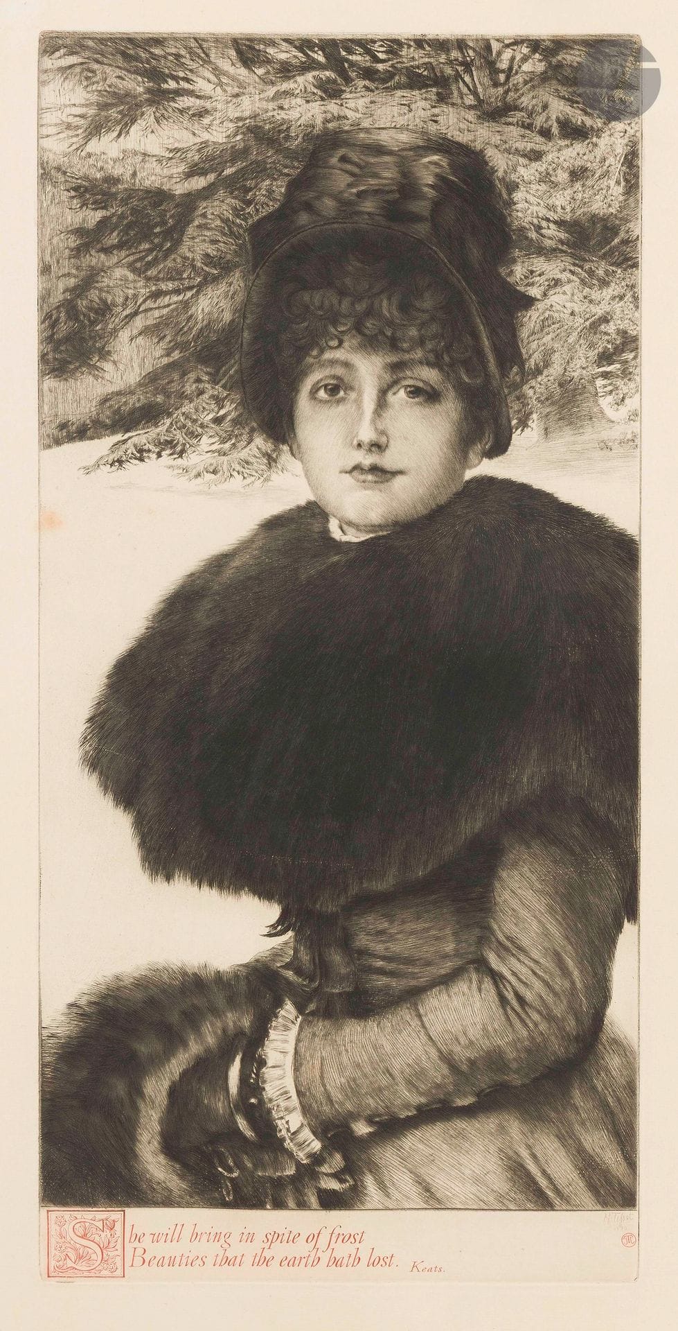 James-J.-J. Tissot (1836-1902)
A walk in the snow. 1880. Etching and drypoint. 267x566mm. Wentworth 48. Superb proof on strong ivory laid paper, of the 2nd state (of 3), with the letter drawn in red, stamped (Lugt1545). A large light freckle on the left-hand board cut. Tiny tears at the extreme lower edge of the folio. Full margins.
