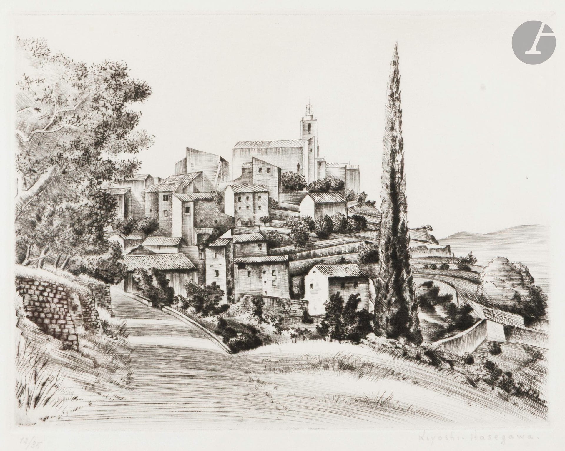 Kiyoshi Hasegawa (1891-1980)
Paysage (Solliès-Ville). 1935. Pointe sèche. 279x214mm. Reifushobo 237. Très belle épreuve sur vélin blanc, numérotée et signée au crayon, soigneusement lavée. Toutes marges. Tirage à 35 épreuves. Cadre. Étiquette d’origine au verso.