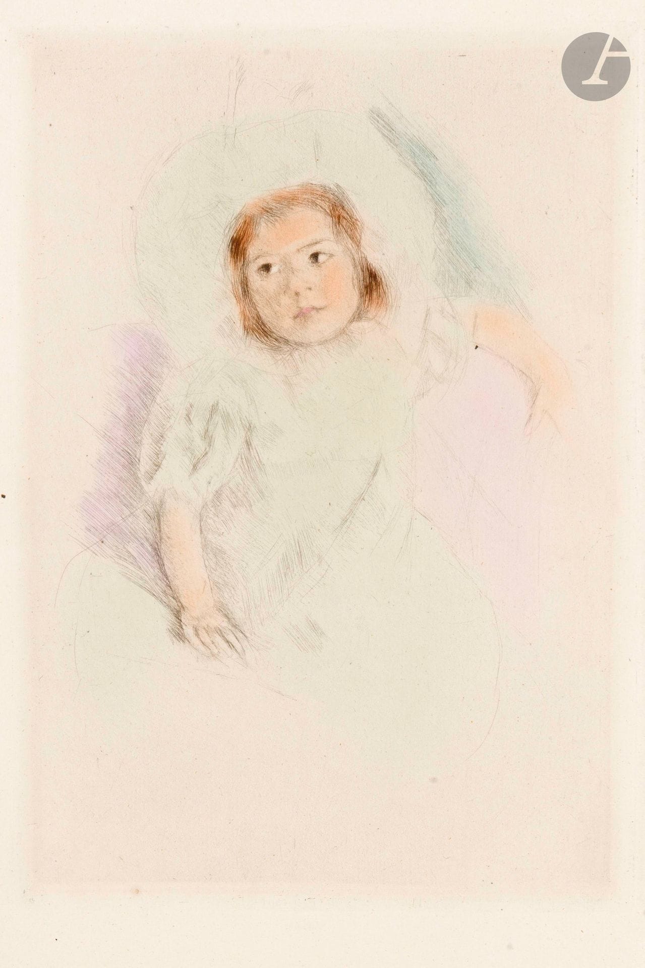 Mary Cassatt (américaine, 1844-1926)
Margot Wearing a Bonnet n°1 (Margot en bonnet, n°1). Vers 1902. Pointe sèche. 160x225mm. Breeskin 179; Mathews-Shapiro p. 196. Impression en couleurs. Très belle épreuve sur vergé crème, non signée, d’un tirage postérieur. Petites salissures en pied et au verso. Léger empoussiérage le long de la marge supérieure. Toutes marges.