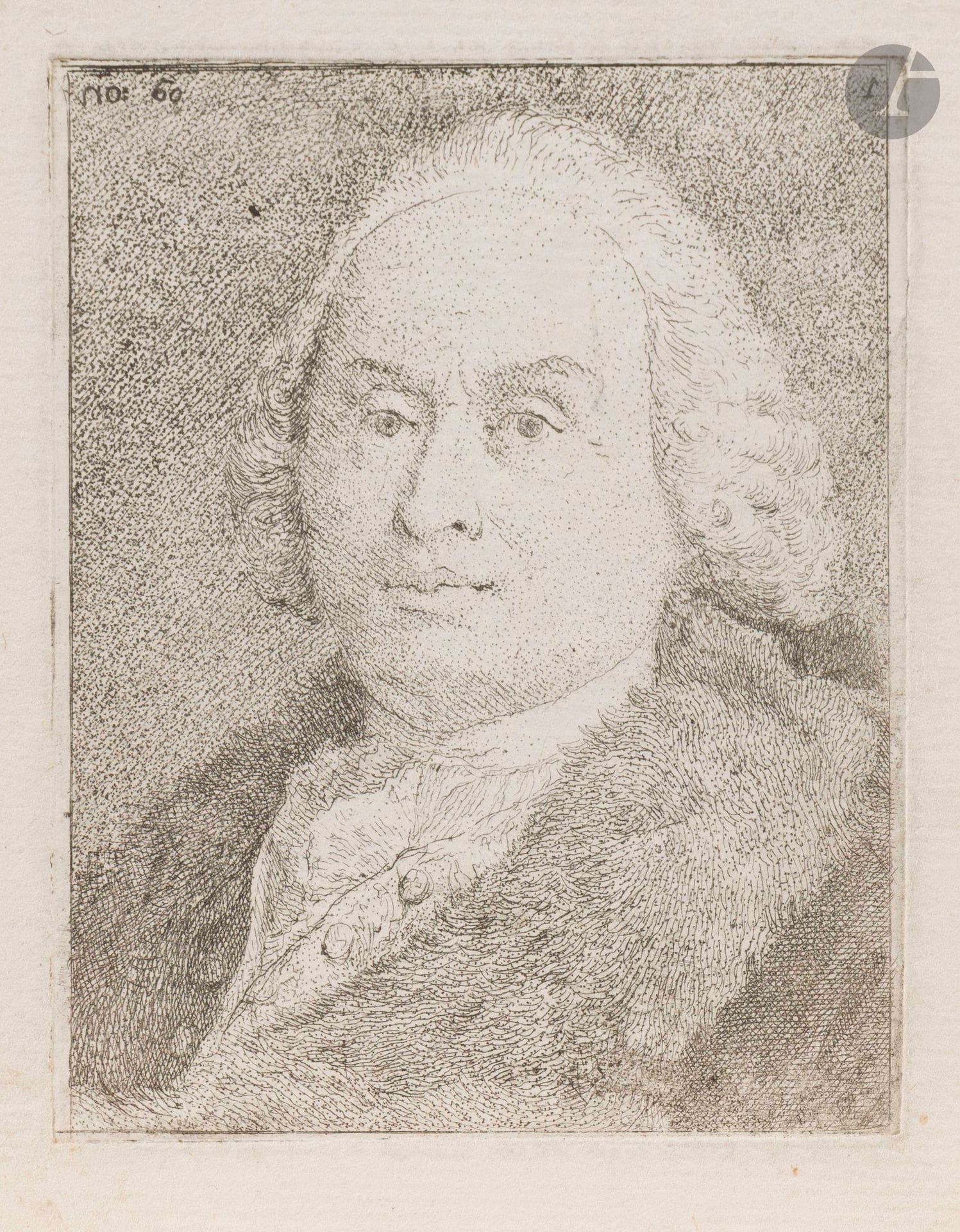 Giovanni Battista Tiepolo (1696-1770)
Portrait de Giovanni Battista Tiepolo [père de l’artiste]; Autoportrait. (Pl. de la suite Raccolta di Teste). 1770. Eau-forte. 92x120mm. De Vesme 117 et 148; Rizzi 157 et 188. Très belles épreuves sur vergé. Infimes rousseurs. Petites traces de colle dans les angles au verso. Petites marges. Ens. 2 p.
