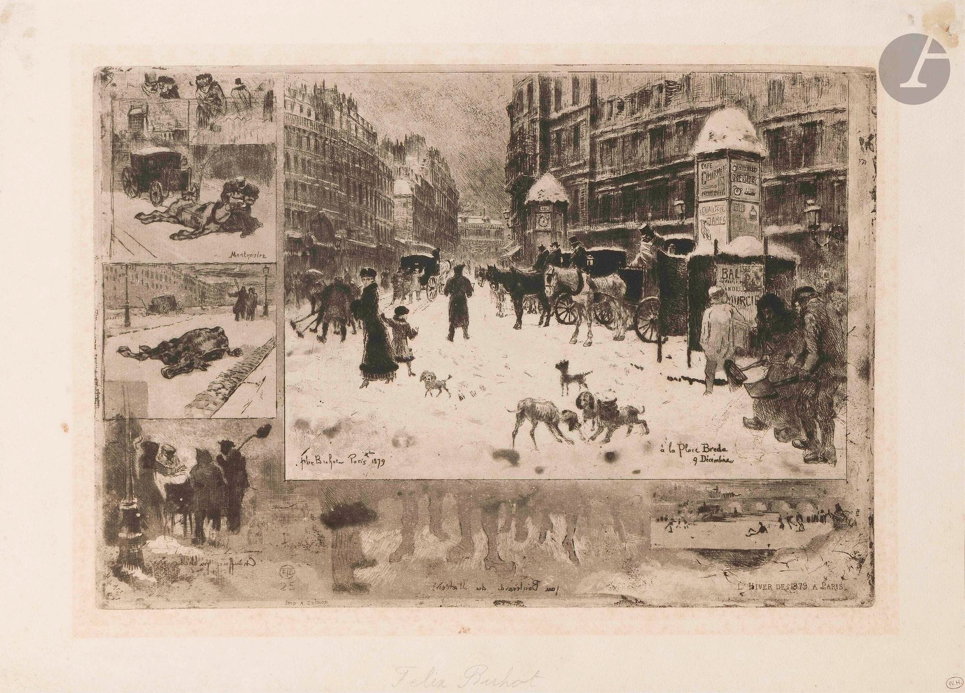 Félix Buhot (1847-1898)
L’Hiver à Paris, ou La Neige à Paris. 1879. Eau-forte, pointe sèche, aquatinte et vernis mou. 345x237mm. Bourcard-Goodfriend 128. Très belle épreuve sur vergé crème, du 3e état (sur 5 selon Bourcard, sur 9 selon Goodfriend), avec la mention «L’Art», le monogramme de l’artiste et le numéro 25, l’adresse «Imp. A. Salmon, au Boulevard des Italiens» à rebours, et le titre en petites capitales «L’Hiver de 1879 à Paris». Trace claire d’oxydation à l’ouverture d’un ancien montage. Restes de kraft gommé au verso et taches correspondantes au recto. Toutes marges. Ex-coll. H. F. H. W. Hoitsema (Lugt 2625).