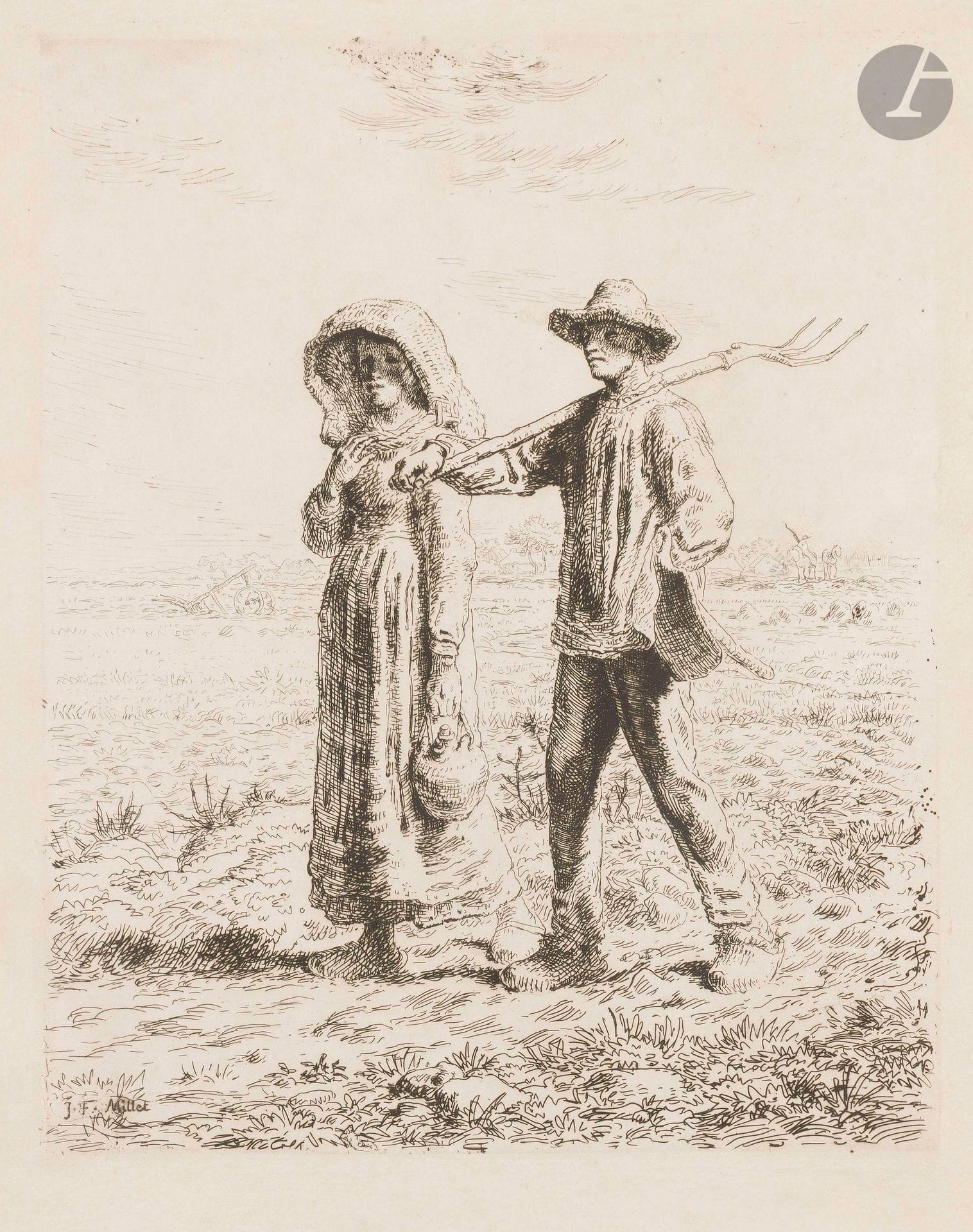 Jean-François Millet (1814-1875)
Le Départ pour le travail. 1863. Etching. 305x382mm. Delteil 19. Proof on japon (?), from a later edition (the three dots erased), pasted on cardboard. Heavy marginal rubbing and small traces of surface glue. Full margins.