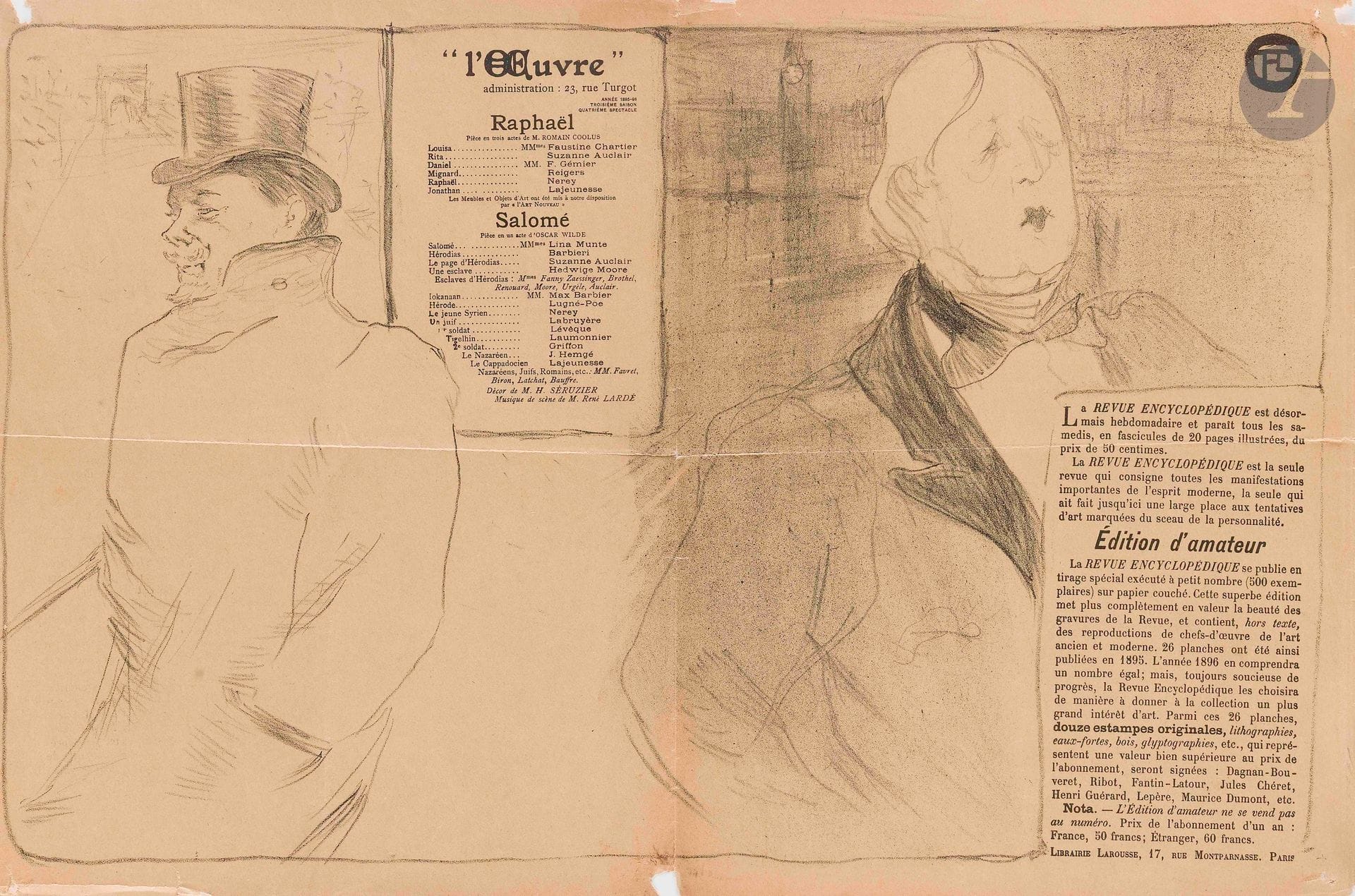 Henri de Toulouse-Lautrec (1864-1901)
Oscar Wilde et Romain Coolus – «Raphaël» de Romain Coolus; «Salomé» d’Oscar Wilde. (Programme pour le Théâtre de l’œuvre). 1896. Lithographie. [503x326mm]. Delteil 195; Wittrock 146; Aitken 80. Épreuve sur vélin mince glacé ivoire, avec la réclame pour La Revue encyclopédique et le texte de la distribution. Plis horizontal et vertical médians avec petit trou au centre. Trous de punaises dans les angles. Quelques petits manques et arrachements dans les angles et aux bords du feuillet. Toutes marges. Rare: 13 épreuves dans des collections publiques selon Wittrock. 

Le spectacle fut donné le 11 février 1896 à la Comédie Parisienne. La pièce de Wilde, Salomé, fut rédigée en français et parut en 1891. À l’époque où Lautrec réalisa ce programme, l’auteur anglais purgeait une sévère peine de deux ans de travaux forcés puis de prison, suite à sa condamnation prononcée le 25 mai 1895.