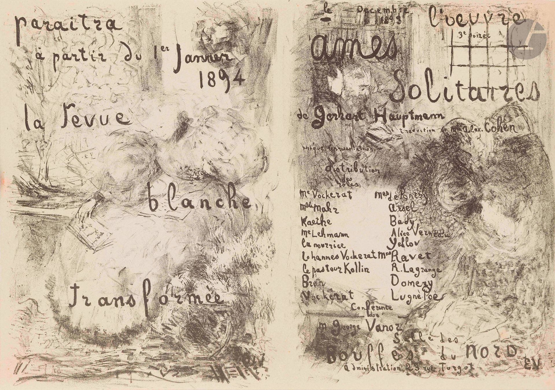 Édouard Vuillard (1868-1940)
Âmes solitaires de G. Hauptmann. (Programme pour le théâtre des Bouffes du Nord). 1893. Lithographie. [480x328mm]. Roger-Marx 19; Aitken 60. Très belle épreuve sur vélin mince chamois, doublée sur vélin blanc fort.