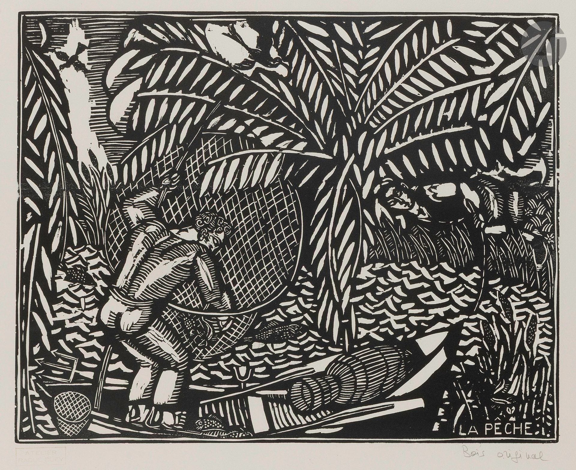 Raoul Dufy (1877-1953)
La Pêche. 1910-1911. Bois gravé. 400x320mm. Très belle épreuve sur vélin blanc, d’un tirage effectué après 1953, annotée au crayon «Bois original». Toutes marges. Timbre de l’atelier (Lugt 702f – très pâli). Cadre (non examinée hors du cadre).