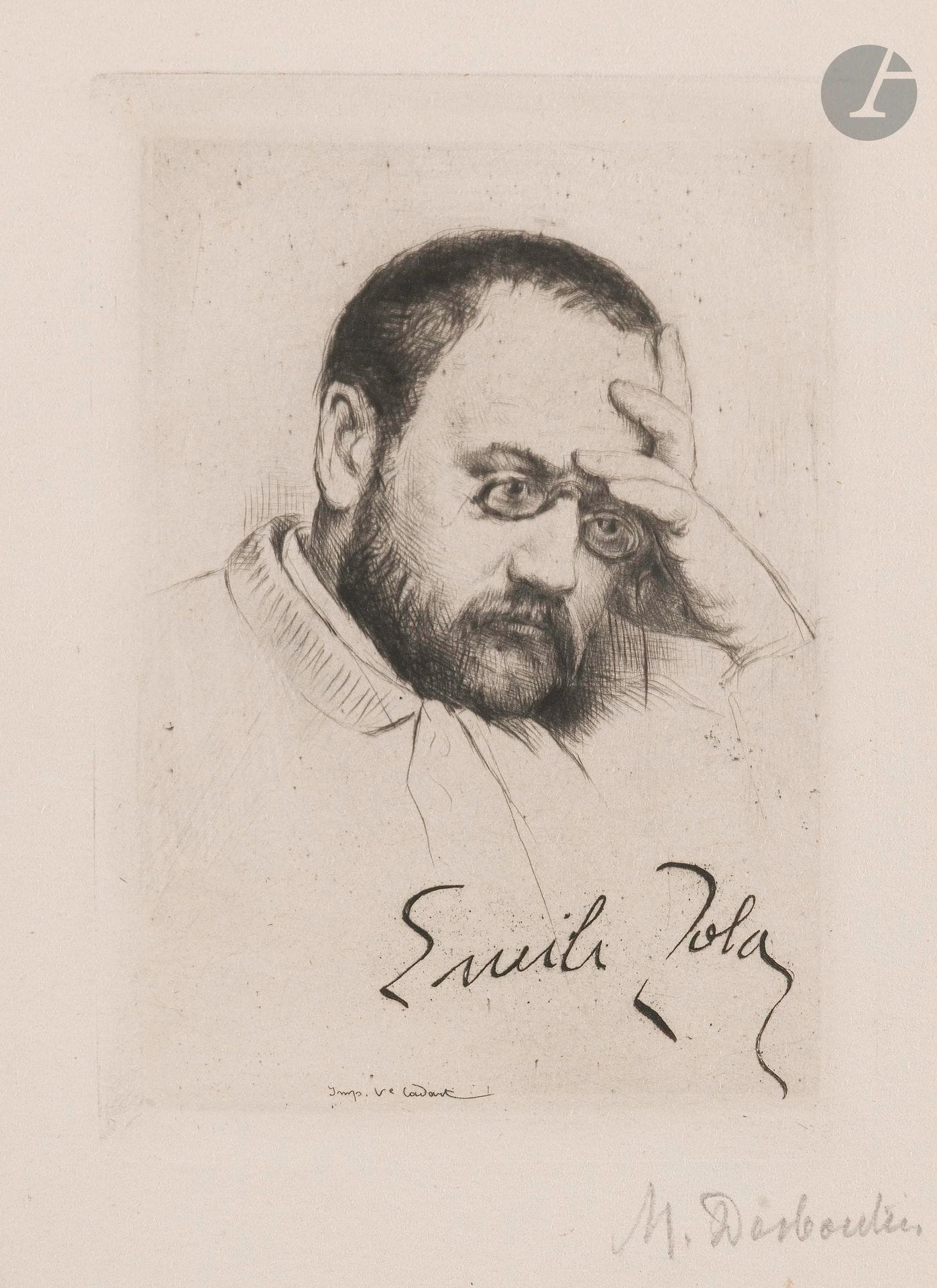 Marcellin Desboutin (1823-1902)
Zola à la signature. 1879. Pointe sèche. 115x160mm. Clément-Janin 246. Très belle épreuve sur vélin crème fort, signée au crayon puis titrée en pied. Rousseurs et traces d’oxydation marginales. Toutes marges. 

«J’ai connu Marcellin Desboutin chez Manet, il y a longtemps déjà, une quinzaine d’années... Je l’ai vu à l’œuvre, je sais que sa vie, surtout dans ces trente dernières années, a été tout entière consacrée au plus fervent labeur... Cet art de la pointe sèche, si personnel, si vivant, il y règne, il y est roi. Il faut l’avoir vu attaquer directement une planche à l’aide de la pointe, dont il se sert ainsi que d’un crayon. Il prend une planche comme il prendrait une page d’album; en une seule séance le plus souvent il enlève un portrait, d’un trait magistral et définitif. C’est le peintre en lui qui, se dégageant des procédés mécaniques de l’ancienne gravure et des hasards de la morsure à l’eau-forte, se laisse aller à l’impression directe de la nature... Il y a donc là une admirable collection de portraits contemporains...» (Émile Zola, Préface auCatalogue de l’exposition de l’œuvre gravé de Marcellin Desboutin, 30 juin 1889).