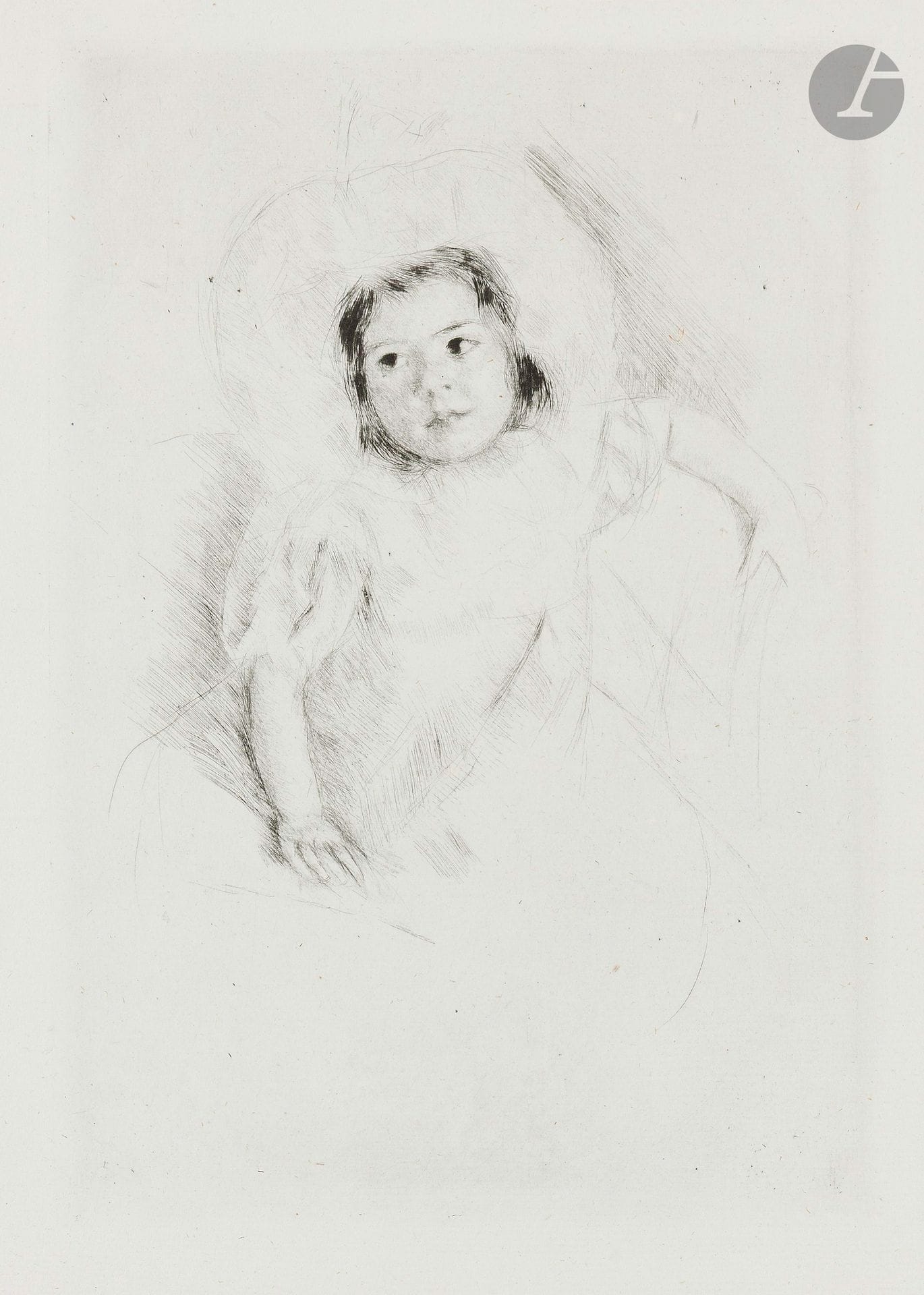 Mary Cassatt (américaine, 1844-1926)
Margot Wearing a Bonnet n°1 (Margot en bonnet, n°1). Vers 1902. Pointe sèche. 160x225mm. Breeskin 179; Mathews-Shapiro p. 196. Très belle épreuve sur vergé ancien azuré, non signée. Toutes marges. 

Provenance:
Ambroise Vollard (1866-1939) puis Henri Marie Petiet (1894-1980).
