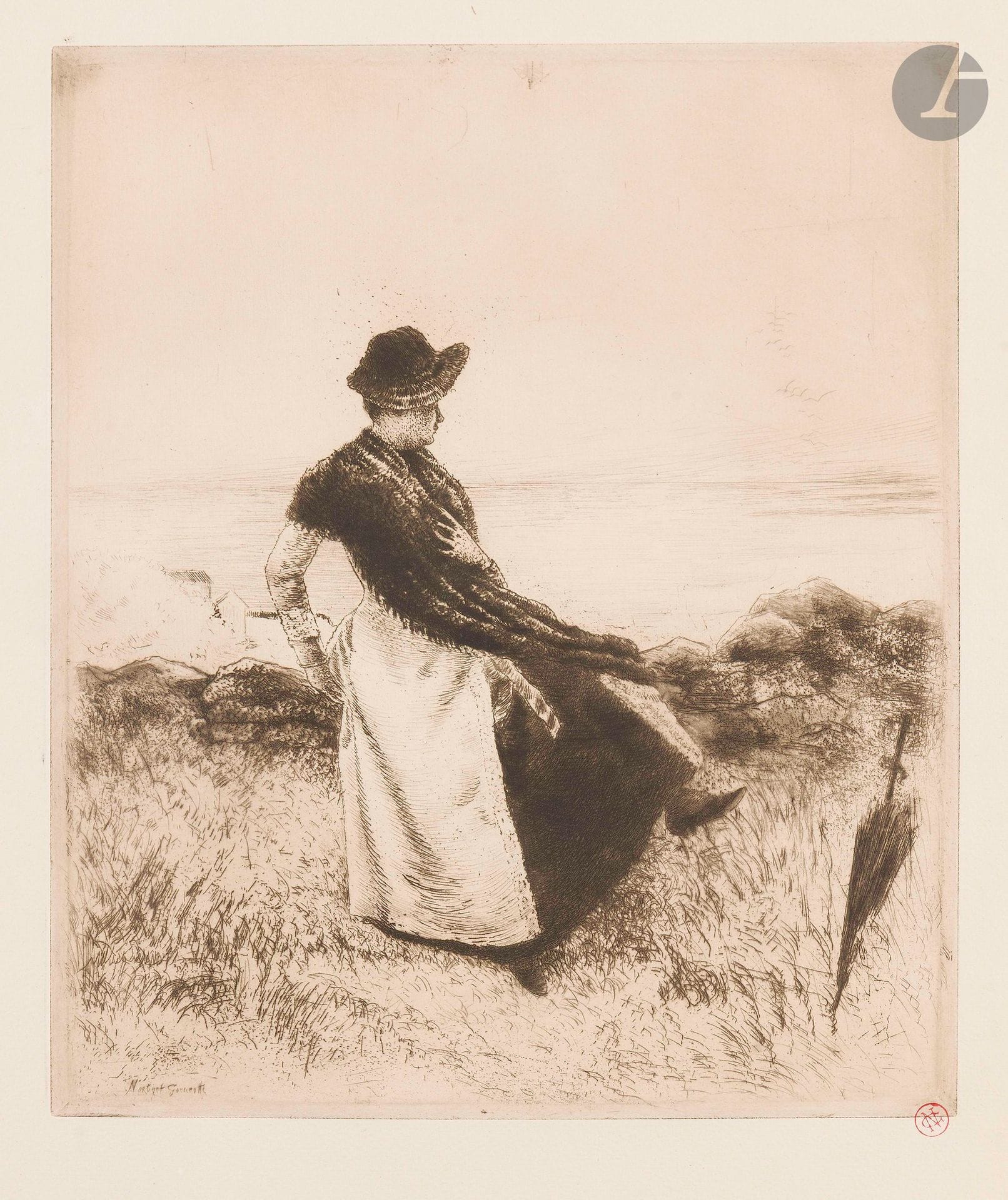 Norbert Goeneutte (1854-1894)
Sur la falaise, ou Au bord de la mer. 1890. Eau-forte et roulette. 215x258mm. Duvivier 58. Très belle et fraîche épreuve sur vergé crème, timbrée (Lugt 1182). Toutes marges.