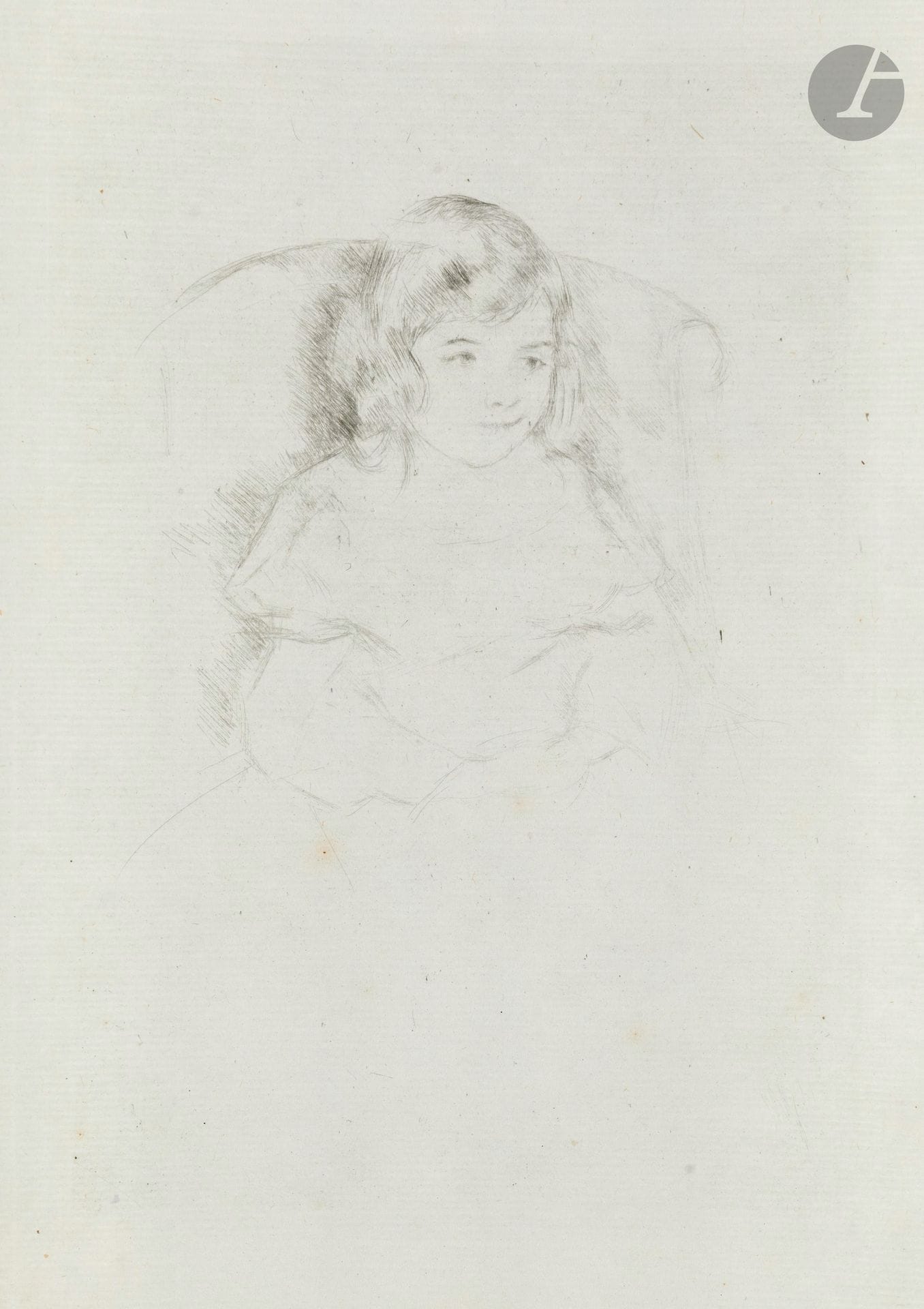 Mary Cassatt (American, 1844-1926)
Sara Smiling. Circa 1904. Drypoint. 155x230mm. Breeskin 195; Mathews-Shapiro p. 196. A very fine proof on old azure laid paper, unsigned. A tiny spot of rust at the bottom of the dress. Full margins.