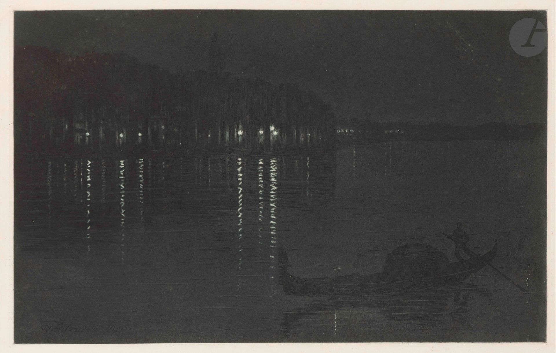Henri Guérard (1846-1897)
L’Entrée du Grand Canal, près de la Piazzetta (effet de nuit). Avant 1891. Eau-forte et aquatinte (d’après un tableau de l’artiste). 475x295mm. Bertin 210. Très belle épreuve tirée en bleu nuit sur vergé crème. Fine trace d’oxydation et quelques rousseurs marginales. Toutes marges.