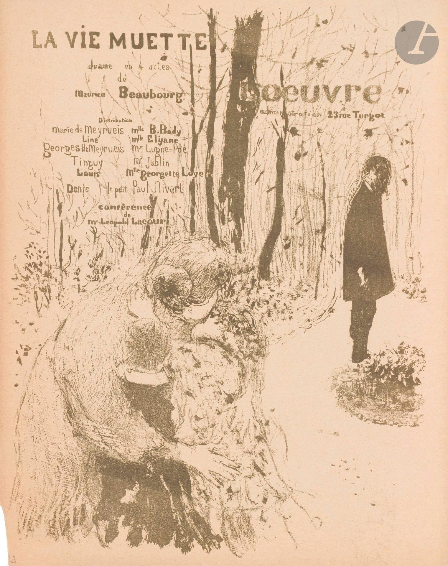 Édouard Vuillard (1868-1940)
La Vie muette, drame en 4 actes de Maurice Beaubourg. (Programme pour le Théâtre de l’œuvre). 1894. Lithographie. 235x313mm. Roger-Marx 20; Aitken67. Impression en vert olive. Très belle épreuve sur vélin glacé mince ivoire. Petit manque et courte déchirure au bord inférieur gauche, sans atteinte au sujet. Une autre infime déchirure au bord droit.