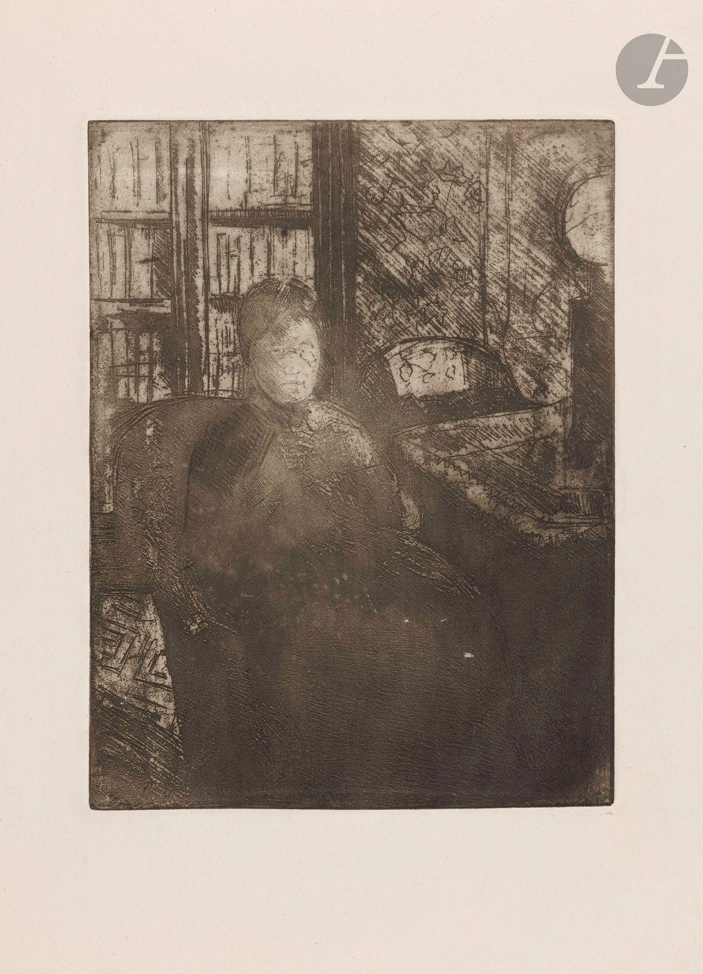 Mary Cassatt (américaine, 1844-1926)
Knitting in the Glow of a Lamp (Le Tricot sous la lampe). Vers 1880. Vernis mou. 225x295 [337x440mm]. Breeskin 31. Parfaite épreuve sur vergé crème fort, non signée. Toutes marges. 

Provenance:
Ambroise Vollard (1866-1939) puis Henri Marie Petiet (1894-1980).