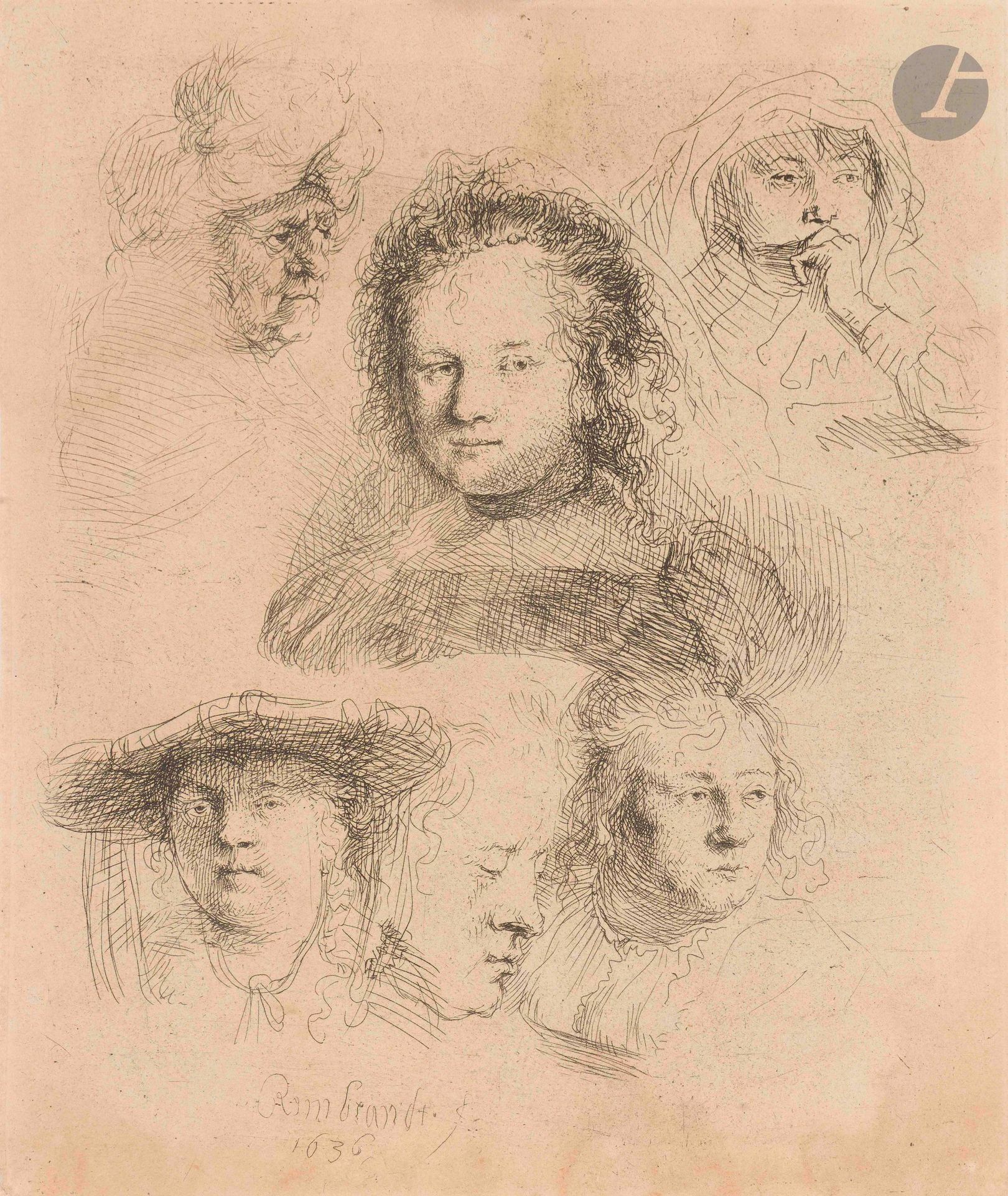 Rembrandt Harmensz. van Rijn (1606-1669)
Études de six têtes (parmi lesquelles Saskia). 1636. Eau-forte. 128x155mm. Bartsch 365; New Hollstein157. Bonne épreuve sur vélin chamois, d’un tirage effectué par Bernard (XIXe), avec les éraillures entre l’homme en turban et Saskia, l’éraillure en travers de l’œil gauche de cette dernière très légèrement perceptible (à la loupe). Marges de 1mm.