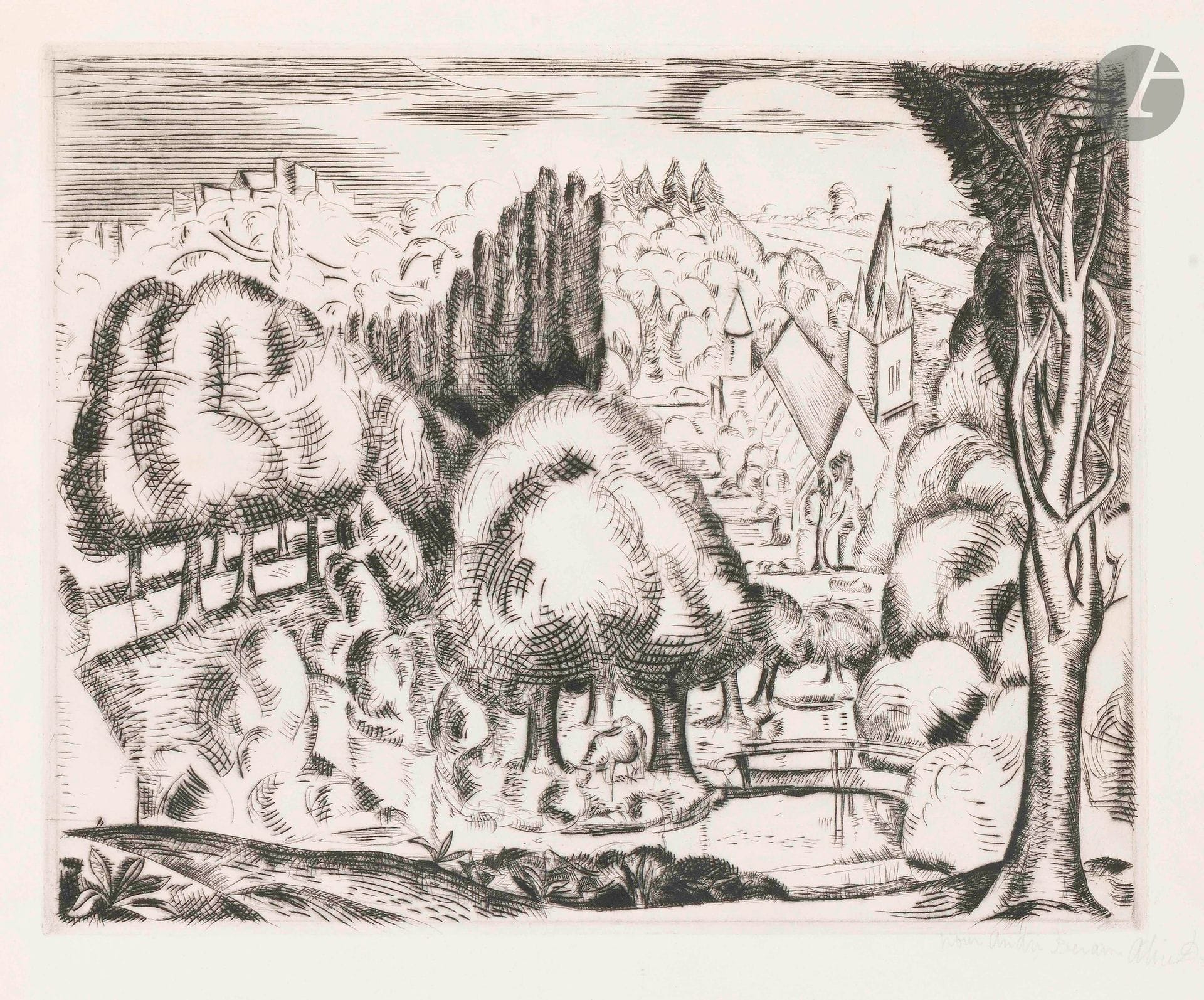 André Derain (1880-1954)
Paysage dans le goût italien (Le Morin). Vers 1911. Pointe sèche. 360x285. Adhémar 49. Très belle épreuve sur vélin crème fort, signée au crayon par la femme de l’artiste: «pour André Derain Alice Derain», soigneusement lavée. Petit manque en marge inférieure. Toutes marges.