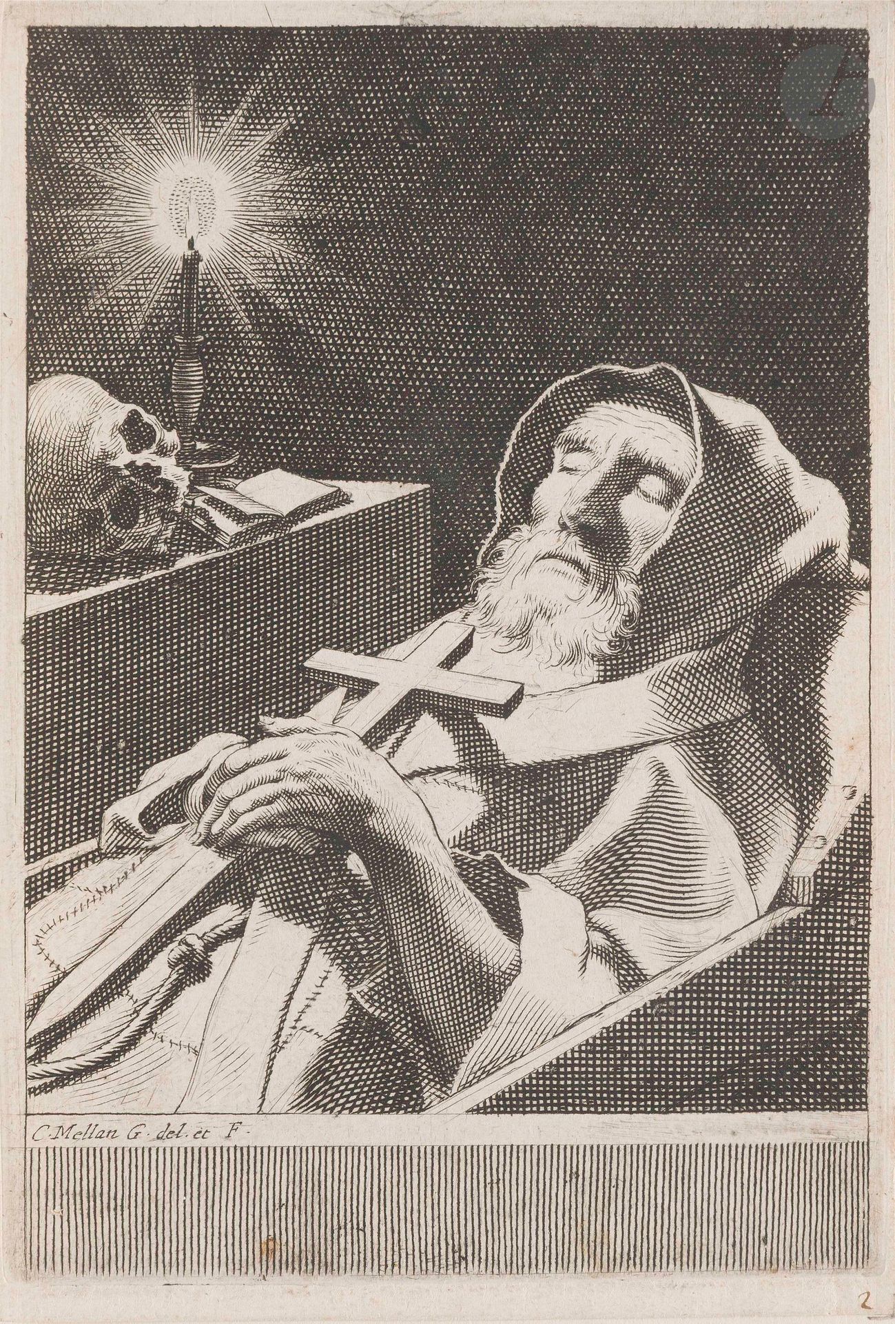 Claude Mellan (1598-1688)
Saint François de Paule. Burin. 115x165mm. Préaud79. Belle épreuve sur vergé, rognée sur le coup de planche sur trois côtés, avec marge étroite en pied. Petit chiffre 2 à la plume et à l’encre sépia dans l’angle inférieur droit. Un infime trou et minuscule point de rouille.