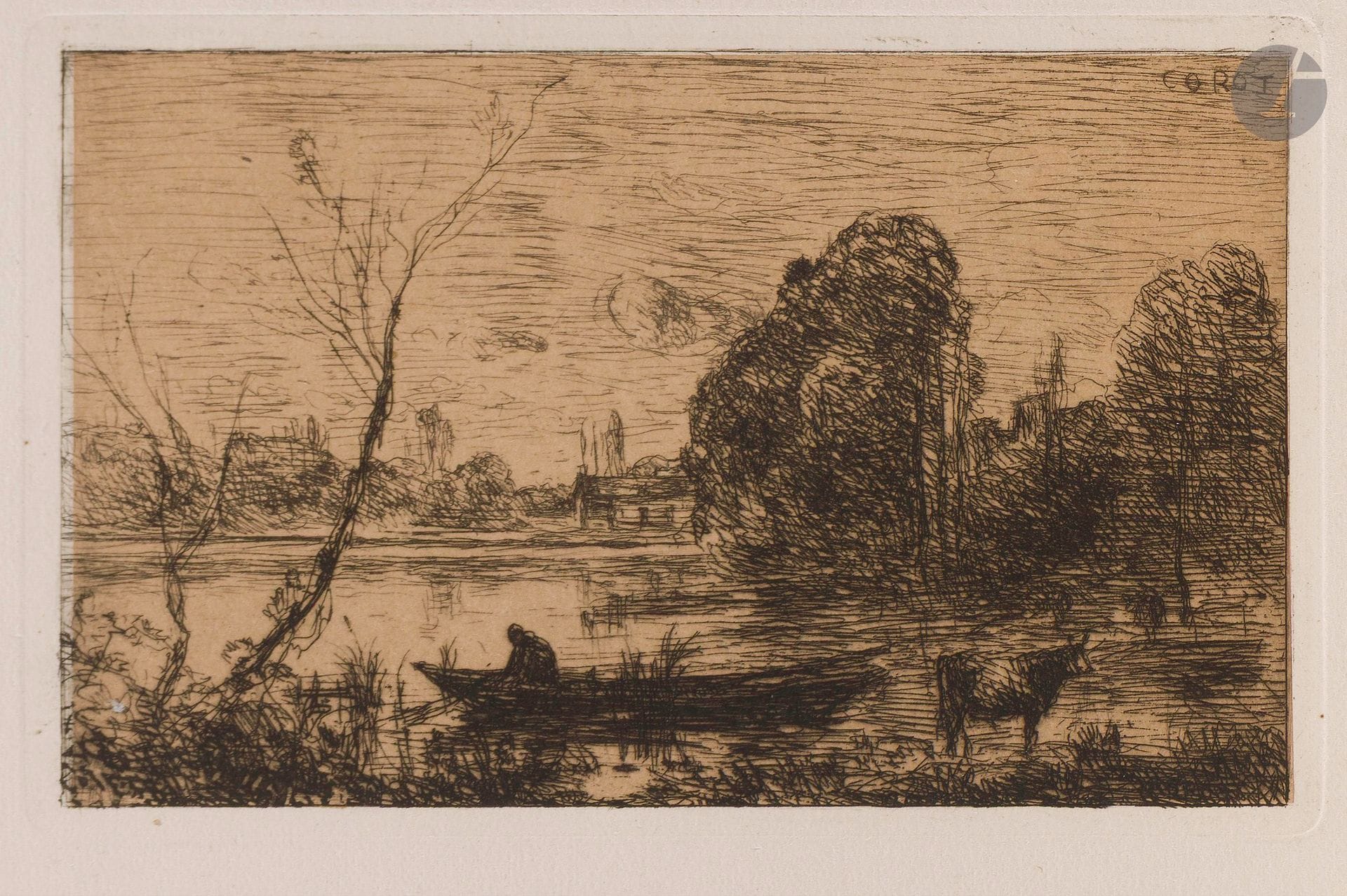 Jean-Baptiste-Camille Corot (1796-1875)
Ville d’Avray: l’étang au batelier (effet du soir). 1862. Eau-forte et pointe sèche. 125x75mm. Delteil, Melot 3. Très belle épreuve sur bulle appliqué, du tirage pour l’ouvrage d’Edmond Roche, Poésies posthumes, Paris, Michel Lévy, 1863. Toutes marges. Ex-coll. A. Lebrun (Lugt 140).