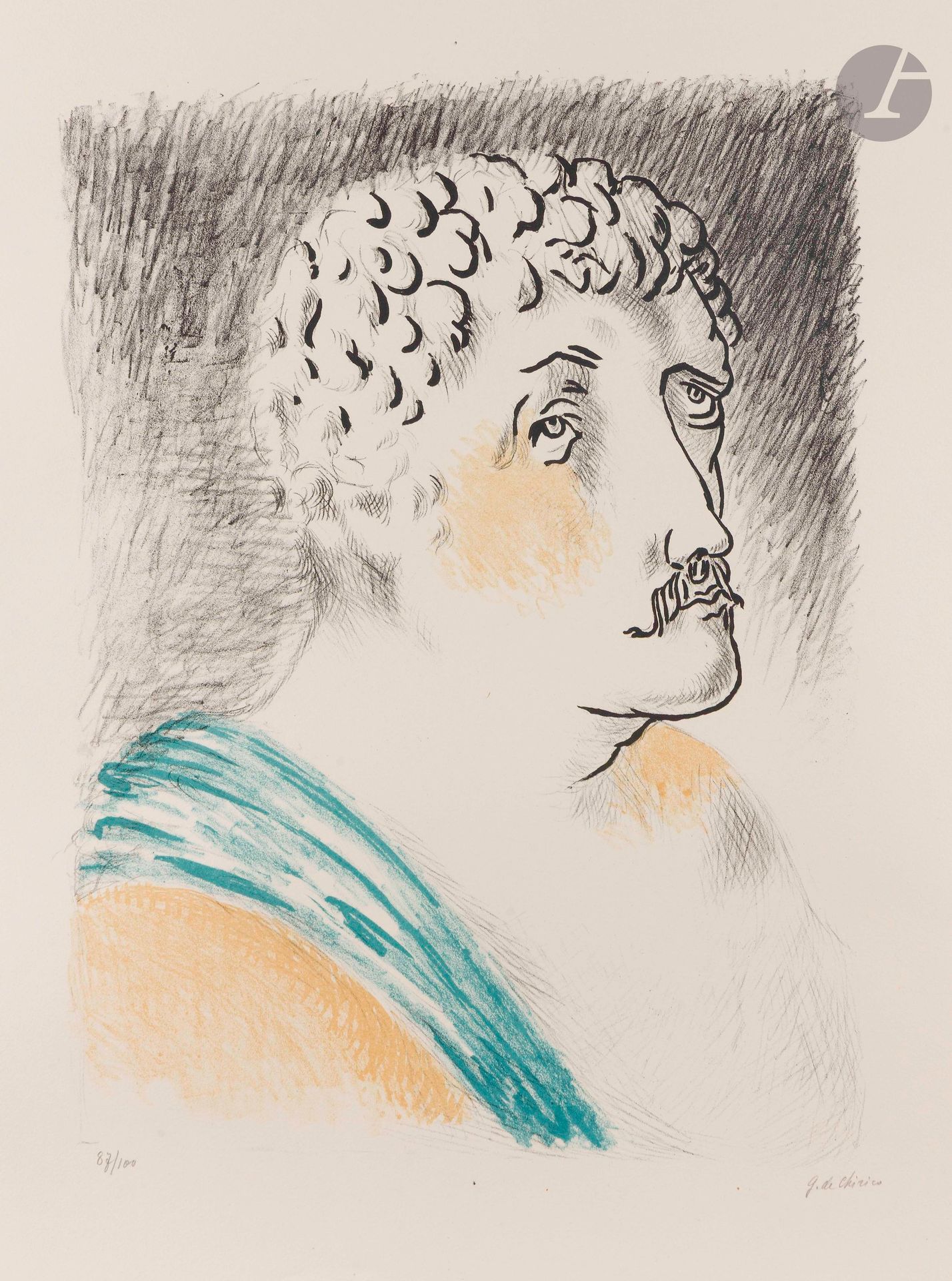 Giorgio de Chirico (1888-1978)
Hebdomeros, ou Le Dictateur. (Pl. de la suite Métamorphoses, Paris, éd. des Quatre Chemins, 1929). Lithographie. 305x410mm. Ciranna 13. Impression en couleurs. Parfaite épreuve sur vélin blanc, numérotée et signée au crayon. Toutes marges. Tirage à 100épreuves.