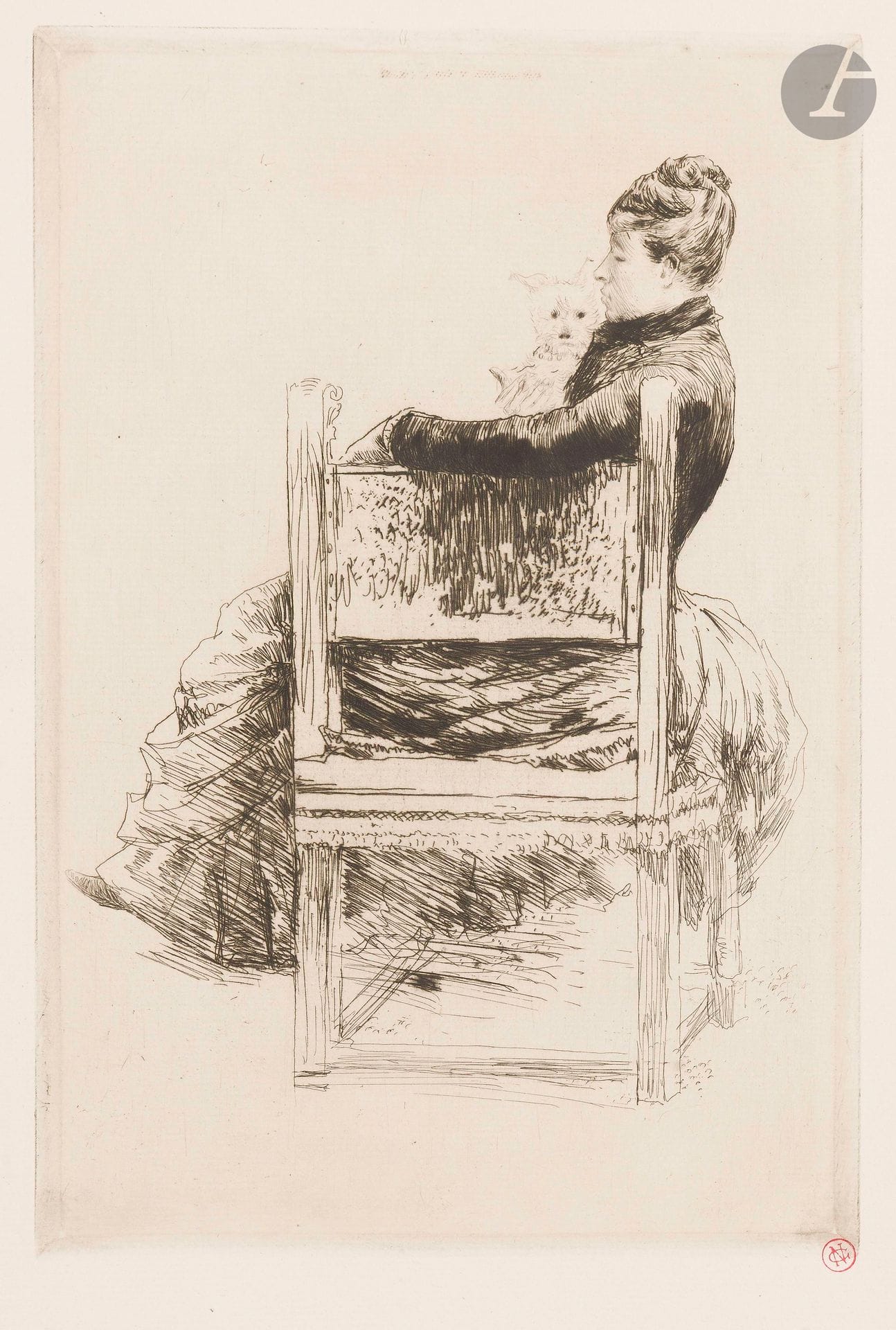 Norbert Goeneutte (1854-1894)
Woman with dog. 1889. Etching and drypoint. 196x296mm. Duvivier 33. Very fine and fresh proof on cream laid paper, stamped (Lugt 1182). Oxidation on verso. Full margins.