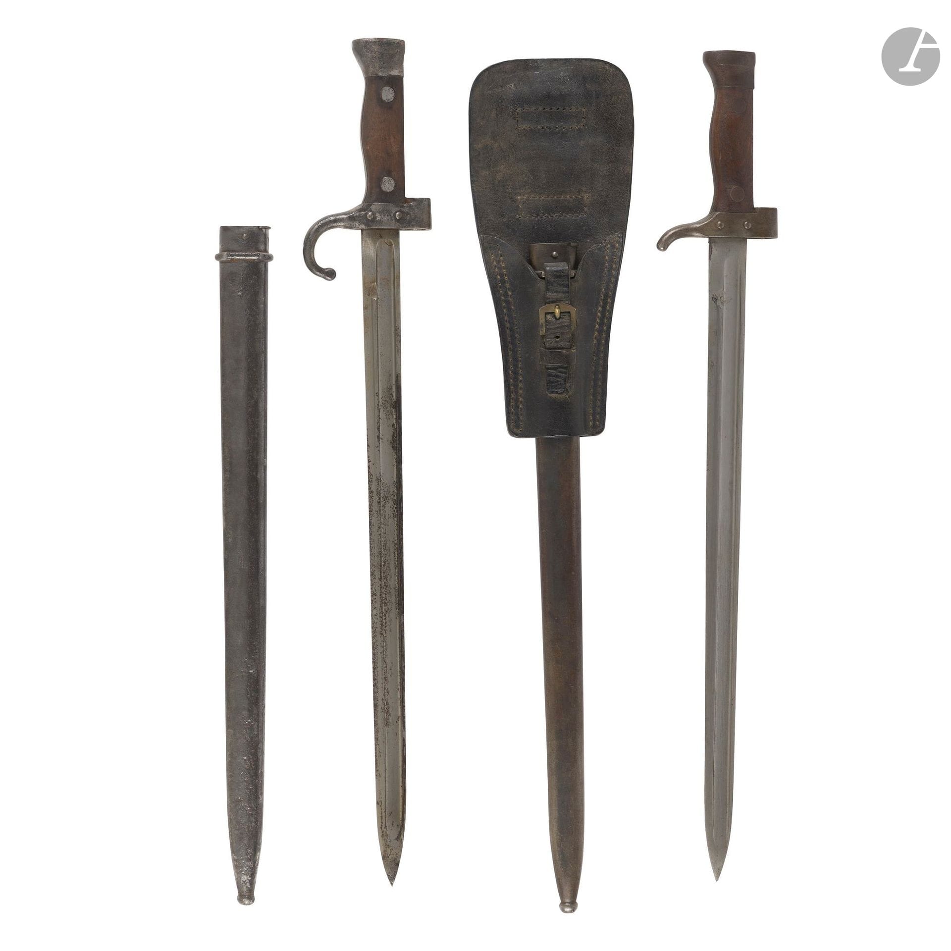 FRANCE
Three Model 1892 bayonets with wooden plates and large rivets:
- model with punched blade quillon. Pitting.
E.M.
- model with cut quillon, blade not punched. Bronze-plated scabbard, brown leather gusset.
B.E.
- cut quillon model, punched blade. Oxidized sheet-iron scabbard. Brown leather gusset.
A.B.E (oxidation).