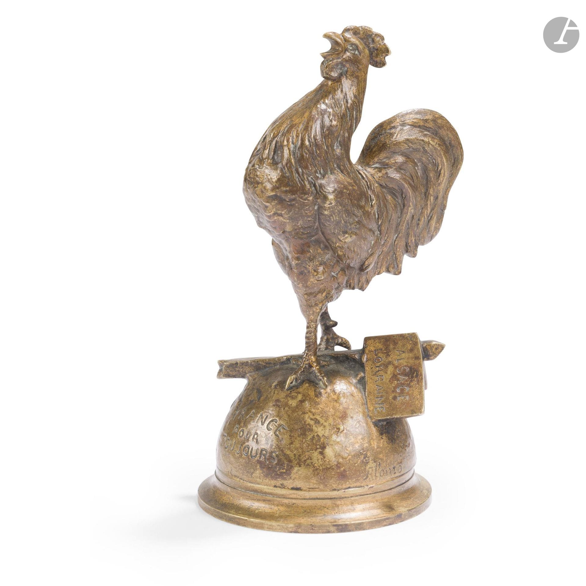 ALONZO.
Le coq Gaulois à la frontière alsacienne : France pour toujours
Sujet en bronze à patine dorée.
Gravé au-dessous : « Hommage de reconnaissance R. OLIVIER ».
Hauteur : 16 cm
B.E.