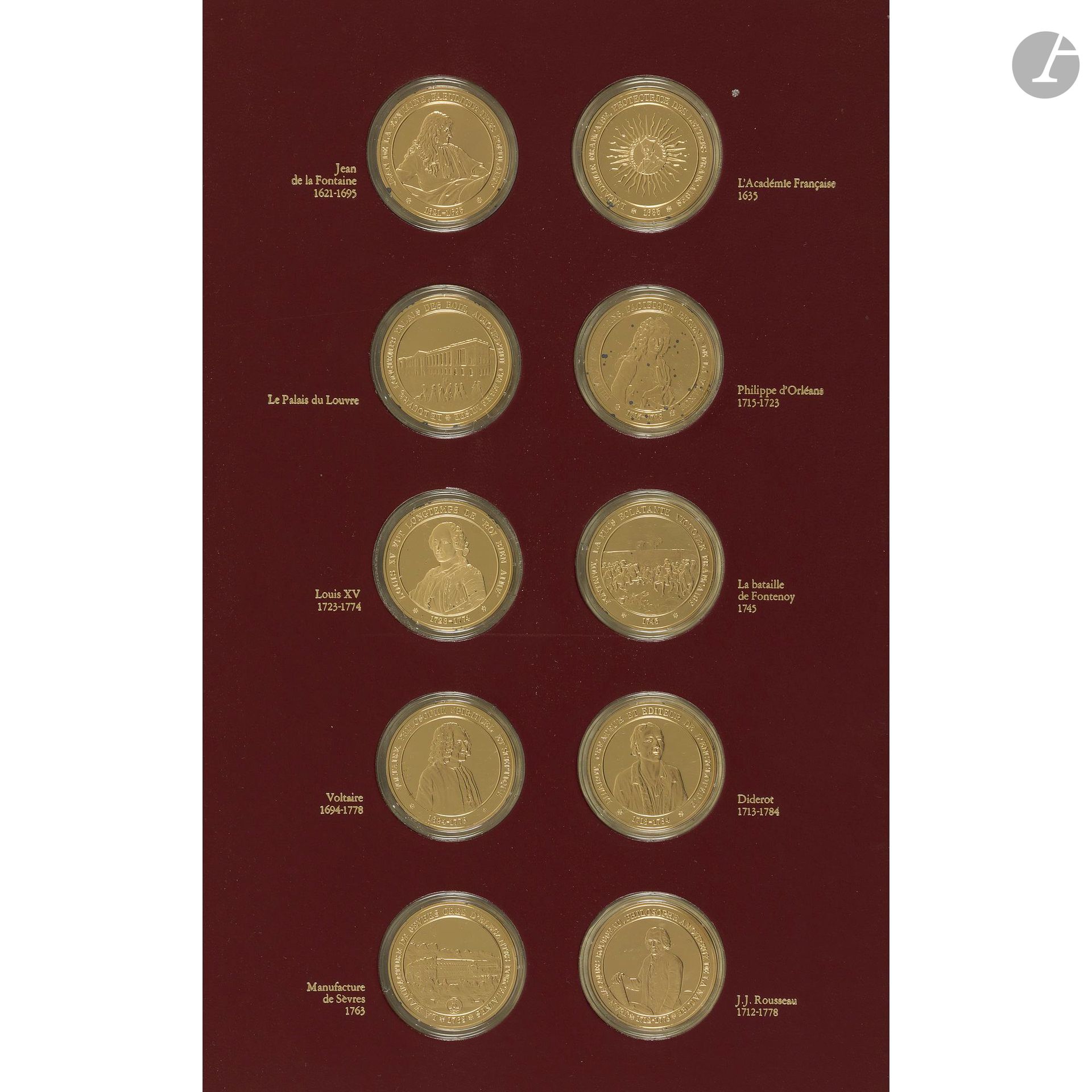 « L’Histoire de France en Médailles »
Éditions Le Médaillier à Paris, 1973, 
100 médailles en vermeil, tirage limité à 2 500 exemplaires, en 3 volumes.
Diam. 4,4 cm - Poids net : 37,7 g (chacune) 
Toutes numérotées « 1034 ». Poinçon crabe (argent 800).
Poids total : 3770 g