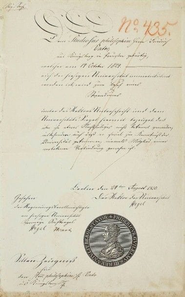 *Georg Wilhelm Friedrich HEGEL (1770-1831) philosophe allemand. P.S., signée 2 fois, comme Recteur de l’Université, Berlin 24 août 1830 ; 1 page in-fol. avec vignette imprimée à l’effigie du roi Frédéric-Guillaume III ; en allemand.
Certificat attestant que Johan S. Vater a été étudiant en philosophie à l’Université de Berlin.