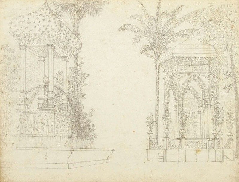 Daniel ALAUX (1853-1933) peintre bordelais, il fut conservateur du Musée des Beaux-Arts de Bordeaux. Important ensemble de manuscrits, dessins et décors ayant servi à la conception de ses spectacles de marionnettes.
A. Manuscrits, la plupart autographes, des dialogues de quelques-unes de ses pièces, avec corrections et ratures : Guillaume Tell, mélodrame (« Décorations » uniquement, provenant probablement de son grand-père Julien-Michel Gué, 4 p.), L’Île mystérieuse (34 p.), Le Nouveau Voyage de la famille Croutembois (2 exemplaires : 55 p. et celui de G. Ducot, son beau-frère, 66 p.), La Conquête du Dahomey (13 p.), Le Mariage de Victorine, cocasserie en 1 acte et presqu’en vers (19 p.). Plus une vingtaine de croquis au crayon et à l’encre, certains découpés (essais de décors)…. B. Maquettes de décors, dont certains semblent correspondre aux manuscrits joints. – 13 grandes planches peintes de décors (env. 65 x 40 cm) : intérieur bourgeois avec fenêtre articulée ; palais exotique ; paysage enneigé, le ciel avec soleil en transparence (papier calque prévu pour un jeu de lumière) ; des paysages marins ; planche d’encarts publicitaires humoristiques (« Nez de vieilles femmes farcis, Pâté truffé aux jambes d’enfants, Bombes à explosion pestilentielle, Vin du désert pour les estomacs noirs, Brosses en poils de chameau, Pilules de ventre de mouches, Conserves de sardines au pétrole, Revolvers sous marins a partir de 3 roupies »…). – Environ 80 éléments de décors, formats divers, découpés, prévus pour se superposer aux planches ou pour coulisser devant (encoches au dos des éléments cartonnés) : façades de maison, rues pavées, réverbères, parterres de fleurs, arbres, forêts, port, vagues, bateaux, récifs de rochers menaçants, bord de plage, glaciers, bateau pris dans les glaces, fonds marins avec épaves et squelettes, navire avec voile articulée, scène d’incendies, peuple cannibale, décor exotique avec palais somptueux, montgolfières…. C. Ensemble de croquis préparatoir