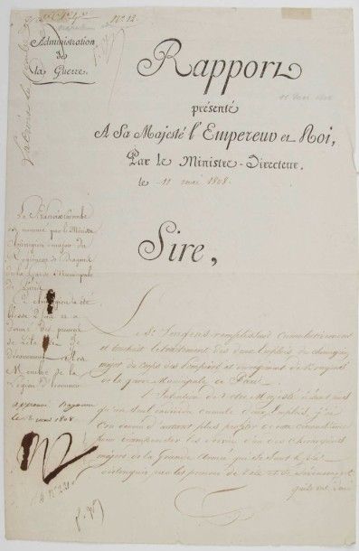 napoléon ier (1769-1821). P.S. « NP », Bayonne 18 mai 1808, sur une L.S. du ministre de l’Administration de la guerre, Jean-François-Aimé Dejean, du 11 mai 1808 ; 2 pages in-fol., en-tête Rapport présenté à Sa Majesté...
Il a supprimé un des deux emplois du chirurgien-major Sengens pour « récompenser les services d’un des chirurgiens majors de la Grande Armée qui se sont le plus distingués par les preuves de zèle et de dévouement qu’ils ont données dans l’exercice de leurs fonctions », le S. Lacroix Lacombe, qui s’illustra au siège de Corfou en allant soigner un blessé abandonné par les Turcs, « sous le feu même de l’ennemi. Le Général le voyant trop exposé, lui fit donner ordre de se retirer sur la troupe. Pressé d’obéir il emporta le malade sur ses épaules »… Il l’a nommé chirurgien major du régiment de Dragons de la Garde Municipale de Paris. Napoléon approuve cette nomination.