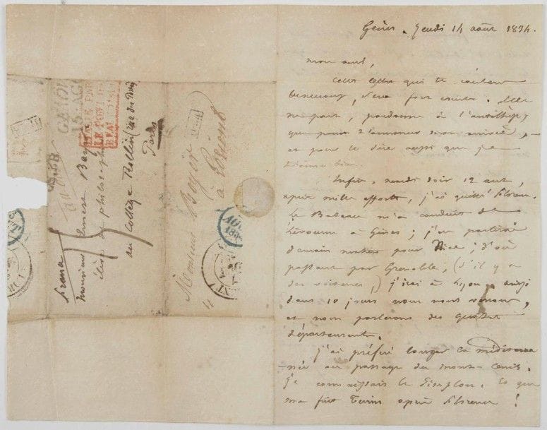 Auguste brizeux (1803-1858) poète. L.A.S. « A.B. », Gênes jeudi 14 août 1834, à son demi-frère Ernest Boyer, élève au Collège Rollin à Paris ; 2 pages in-8, adresse, marques postales.
Retour d’Italie. Mardi soir, « après mille efforts », il a quitté Florence. « Le bateau m’a conduit de Livourne à Gênes ; j’en partirai demain matin pour Nice ; d’où passant par Grenoble, (s’il y a des voitures,) j’irai à Lyon et ainsi dans 10 jours nous nous verrons […] J’ai préféré longer la Méditerranée au passage du Mont-Cenis. Je connaissais le Simplon. Et que me fait Turin après Florence ? Que me feraient toutes les villes d’Italie. Il n’y a que la nature qui puisse consoler de cet art divin »… Il ajoute : « De Livourne à Gênes j’ai fait route avec la Cesse Guiccioli ».