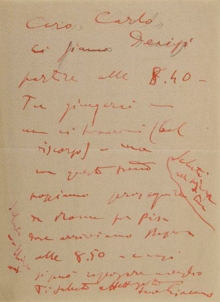 *Giacomo PUCCINI. 2 L.A.S. « Giacomo », à Carlo Clausetti ; 1 page in-8 à l’encre rouge avec enveloppe, et 1 page obl. in-8 au crayon au dos d’un programme de concert ; en italien.
Il est décidé à partir à 8 h 40, et Carlo ne pourra pas les rencontrer à la gare : ils ont un train express de Rome à Pise…. Solferino 27, Milan. Ce soir il retournera à Rome. Que Clausetti pense à partir dimanche ou lundi, qu’il le lui fasse savoir, et qu’il apporte frac, clef de Torre, et sa blanchisserie…