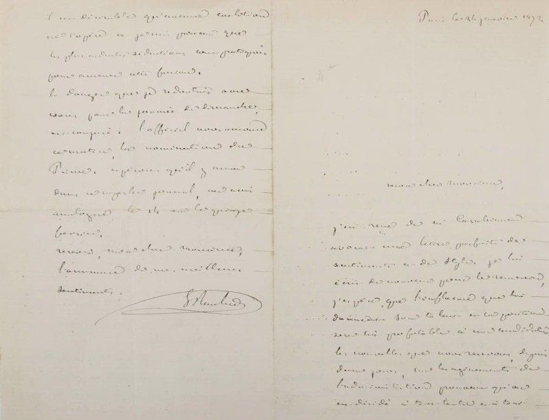 Eugène rouher (1814-1884) avocat et homme d’État. L.A.S. Paris 24 janvier 1872, à Henri Delagarde, rédacteur en chef de La Corse, à Bastia ; 4 pages in-8, enveloppe.
Lettre politique comme candidat en Corse. Il félicite Delagarde de la propagande efficace faite par son journal, et l’entretient du parti à tirer des derniers incidents parlementaires : « La démission de Mr Thiers, le replâtrage qui a suivi sont la preuve manifeste de l’instabilité du pouvoir. Déjà, tous les partis sont à l’œuvre pour préparer un remplacement. Sa chute est donc prochaine »… Il critique Eugène Dauzon, qui cherche à entraîner dans un faux courant politique une masse d’employés et de fonctionnaires, puis évoque ses adversaires électoraux : « Les deux candidats Pozzo di Borgo et Savelli resteront-ils en présence ? J’aurais préféré que le premier ne se mît pas sur les rangs, mais, la chose faite, il est désirable qu’aucune coalition ne s’opère […]. L’Officiel nous annonce ce matin, la nomination du Prince »…