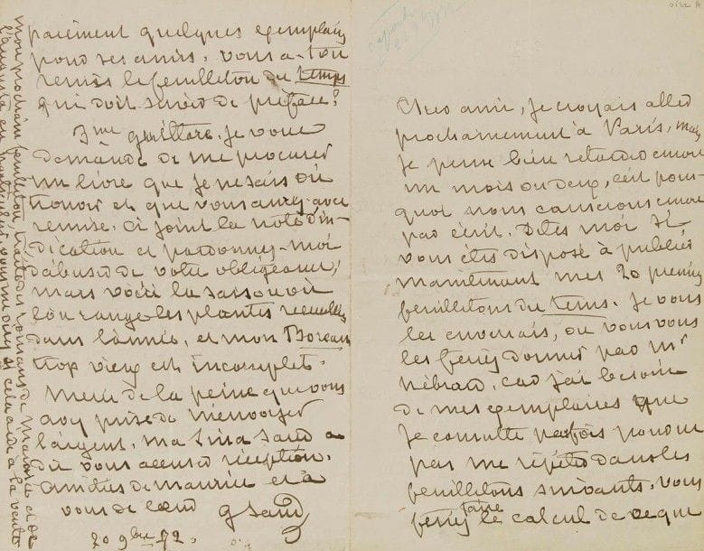 George SAND (1804-1876). L.A.S., [Nohant] 20 novembre 1872, [à Michel Lévy] ; 4 pages in-8 à son chiffre.
Importante lettre à son éditeur pour la publication de ses Impressions et souvenirs.. Elle doit retarder son voyage à Paris : « c’est pourquoi nous causerons encore par écrit. Dites-moi si vous êtes disposé à publier maintenant mes 20 premiers feuilletons du Temps. Je vous les enverrais, ou vous vous les feriez donner par M. Hébrard, car j’ai besoin de mes exemplaires que je consulte parfois pour ne pas me répéter dans les feuilletons suivants. Vous feriez faire le calcul de ce que ces vingt feuilletons fournissent de matière pour un volume convenable. S’il y a trop, nous ne prendrions que ce qu’il faut et reporterions le reste sur un autre volume à venir, s’il n’y a pas assez nous ajouterions le 21e n° qui va paraître et le 22me qui suivra de près. Il n’y a pas de série à composer pour ces feuilletons. Ils sont tous détachés à l’exception d’une série de 3 intitulée Les idées d’un maître d’école et d’une autre série de deux ou trois sur des impressions de voyage. Tout cela dans le courant qui a paru. Presque tous ces articles ont leur titre et leur date qu’il faudrait leur laisser. Je voudrais aussi qu’ils parussent dans l’ordre où ils ont été publiés. Le titre général qu’ils ont dans le journal : Impressions et souvenirs me paraît devoir être conservé, sauf votre avis ».. Puis elle le pousse à publier le roman d’Hortense Allart, Les Enchantements de Prudence : « Elle me dit vous avoir écrit qu’elle acceptait le changement de titre et vous demandait pour tout paiement quelques exemplaires pour ses amis ». Sand a écrit un feuilleton du Temps « qui doit servir de préface ».. Elle prie enfin Lévy, « 3me guitare », de lui procurer un livre de botanique : « voici la saison où l’on range les plantes recueillies dans l’année, et mon Boreau trop vieux est incomplet ». Puis elle ajoute encore, au sujet de son fils : « Mon prochain feuilleton traite des romans de Maur
