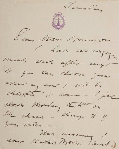 *John Singer sargent. 2 L.A.S. ; 1 page et demie in-8 à en-tête (traces de collage), et 1 page et demie in-8 (cachet de la collection Max Thorek) ; en anglais.
Hotel Vendome Boston dimanche, à Mrs. Livermore. Il n’a aucun engagement, à partir de lundi en huit, alors elle peut choisir sa soirée et il sera ravi de venir. Il note le lundi 4 à tout hasard : qu’elle le change si elle le souhaite. Ce matin il a vu sa tête par Harris Thomas : les yeux sont très bien…. Chelsea 12 avril, à Mr. Jones. Il le remercie de son aimable invitation qu’il regrette vivement de ne pouvoir accepter. Il va prendre des vacances après l’accrochage de ce mois-ci à l’Academy, et il sera très probablement toujours sur le continent le 15 mai…