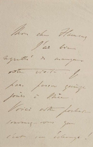 *John Singer sargent. L.A.S., Mardi, au peintre François Flameng ; 1 page et demie in-8 ; en français.
« J’ai bien regretté de manquer votre visite. Je pars passer quinze jours à Nice. Voici votre portrait. Souvenez-vous que c’est un échange ! »…