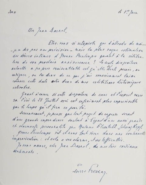 THÉÂTRE. 12 lettres ou pièces, la plupart L.A.S. adressées au comédien Jean Darnel.
Annabella (las), Lise Delamare (las et contrat signé), Maurice Escande (las, et 2 photos, dont une prise 3 jours avant sa mort), Edwige Feuillère (las), Pierre Fresnay (las, au sujet du prochain anniversaire d’Yvonne Printemps, qui « vit et nous fait vivre dans une continuelle improvisation : et cela a son charme, et ses difficultés »), Robert Hirsch (contrat signé), Lisa Jouvet (carte), Mary Marquet (las évoquant son fils François, contrat signé, plus photo et carte-souvenir de son fils), Madeleine Sologne (2 las « Soso »).