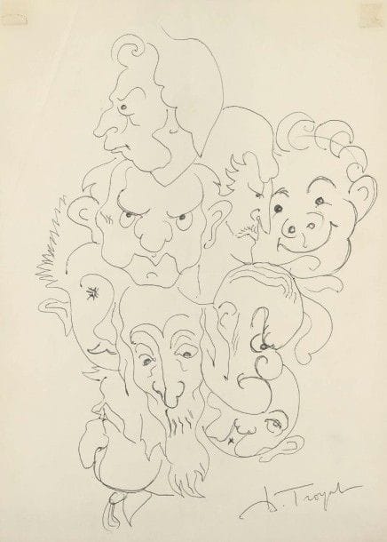 Henri TROYAT (1911-2007). Dessin original à la plume ; 27 x 21 cm (encadré).
Curieux assemblage de 9 têtes caricaturées.