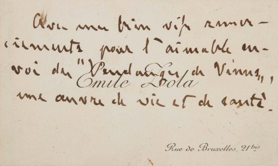 Émile ZOLA (1840-1902). L.A. sur sa carte de visite (4 lignes autographes), [1900, à Ernest Gaubert] ; carte obl. in-16 à adresse Rue de Bruxelles, 21 bis (petite photo jointe).
« Avec mes bien vifs remerciements pour l’aimable envoi des Vendanges de Vénus, une œuvre de vie et de santé ».