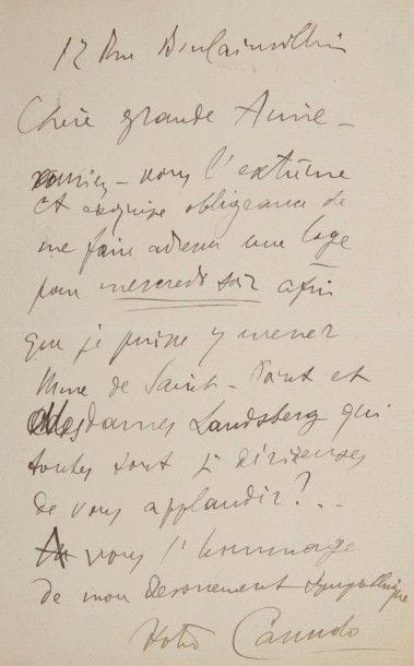 Ricciotto CANUDO (1879-1923) écrivain et critique d’art. 9 L.A.S., [vers 1912], à Mlle Natalia Trouhanowa ; 13 pages formats divers (3 à en-tête de la revue Méditerranée), enveloppe et adresse.
Vendredi. Il ne l’oublie pas comme elle a eu tort de le penser « lorsque j’eus le plaisir, avec mon ami Ravel, de vous “entrevoir” dans notre loge. Je songe à votre rêve d’art musical. J’en dis un mot dans ma critique de la Revue Indépendante, mais je serais heureux, pour la nouvelle édition de ma Psychologie Musicale – d’en parler avec vous. Le livre est en préparation », et il lui demande rendez-vous pour parler « de votre “fière volonté de renouveau” Cela aurait un grand intérêt »… – Il la prie d’envoyer à Méditerranée « votre portrait pour le reproduire au cours de ma chronique »… – « Je suis content que vous soyez contente. Votre portrait passera dans le prochain numéro de Méditerranée. Il est très beau, très noble ». Il veut lui parler d’un grand projet qui l’intéressera… – Il demande de l’aide pour un ami, un « grand et malheureux artiste […] que la fortune adverse fait tant souffrir ». Ce malheureux ami serait disposé à donner en gage à la personne qui voudrait bien l’aider dans l’horrible crise qu’il traverse, « un ou deux des petits chefs-d’œuvre du Maître qu’il possède ». Il la supplie en outre de lui envoyer un portrait d’artiste d’elle-même « pour illustrer dignement mon étude sur la Danse dans la grande publication dont je vous ai parlé »… Etc.
