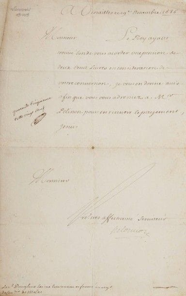 ANCIEN RÉGIME. 18 lettres ou pièces, la plupart L.S. ou P.S. (qqs défauts).
Victor-François maréchal de Broglie (Francfort 1760, vignette), Charles-Alexandre de Calonne (l.a.s., Douai 1764, mouill.), Charles de Bourbon comte de Charolais (1740), Étienne-François duc de Choiseul (1767), cardinal de Fleury (1740), Louis XIV (secr., 1709), Louis XV (secr., 2, plus un état des Revenus du Roy en 1724), marquis de Louvois (1686), René-Nicolas de Maupeou (l.a.s.), Jean-Frédéric de Maurepas (2, 1725-1740), Anne-Jules maréchal duc de Noailles (1684), L.J.M. duc de Penthièvre (1779), maréchal de Richelieu (1782), Louise-Julie de Rohan comtesse de Brionne (1771, vignettes aux armes), Charles Gravier de Vergennes (l.a.s., 1777).. On joint une charte de 1283 avec sceau pendant concernant le seigneur de Dompierre (déchir.) ; un feuillet de ms (1554, défauts) ; un feuillet d’incunable enluminé ; un imprimé de 1777.
